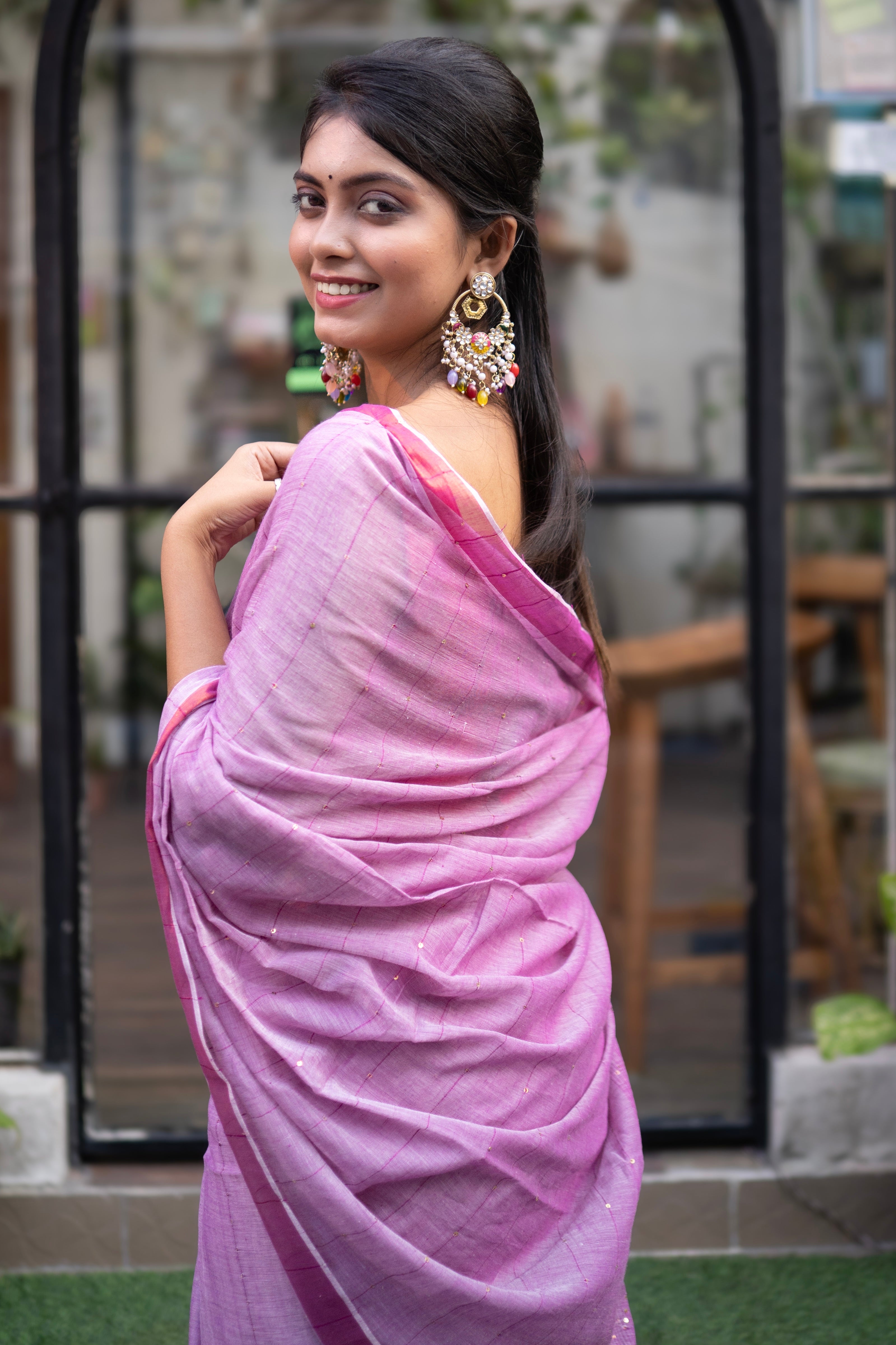 Mohini sequence work Mulmul Cotton Saree  - Taffy Pink