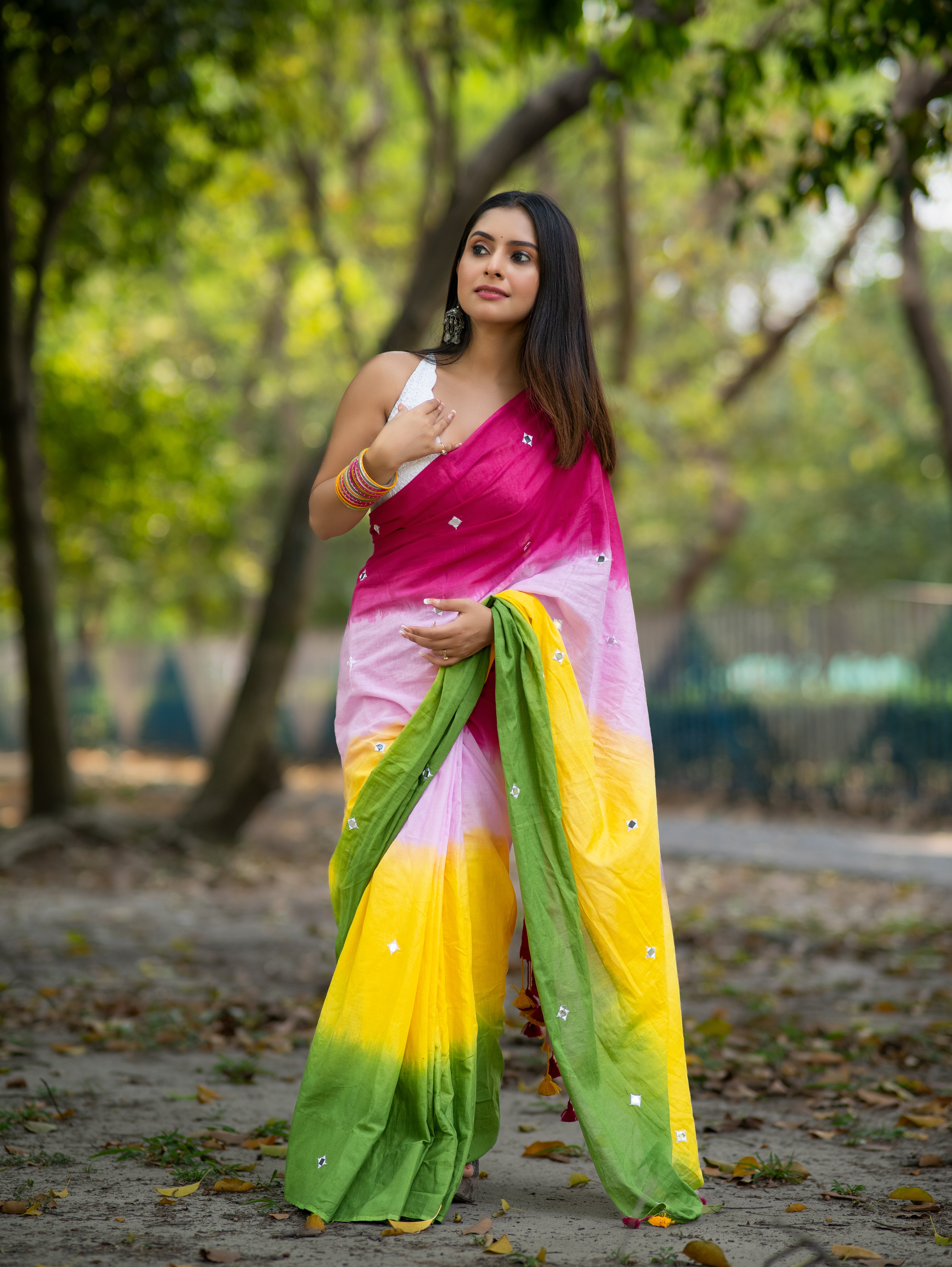 Pure Mul Cotton Mirror Work Saree Multi Colour