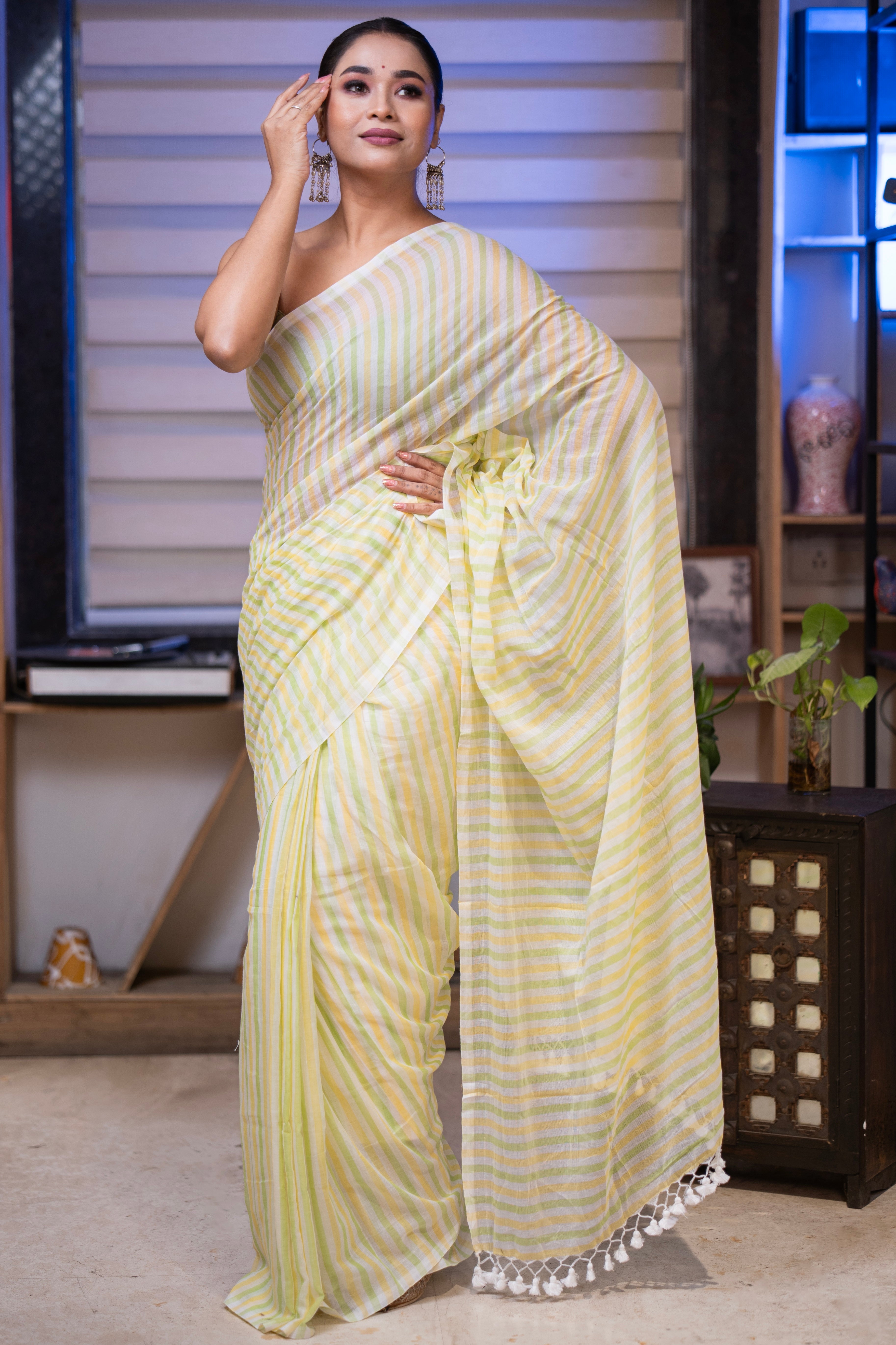 Yellow & Green Multicolour Stripes Mul Mul Cotton Saree