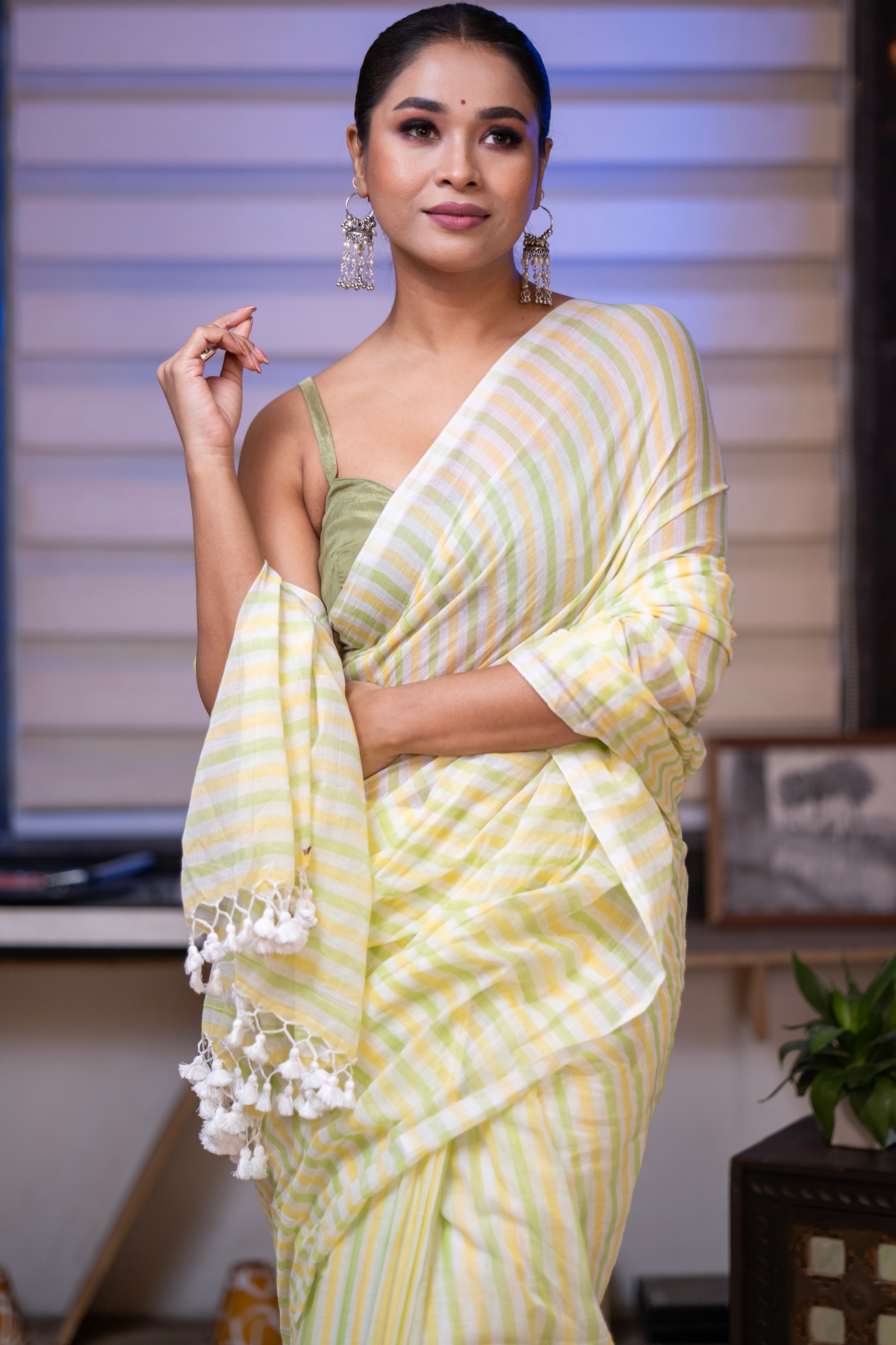 Yellow & Green Multicolour Stripes Mul Mul Cotton Saree