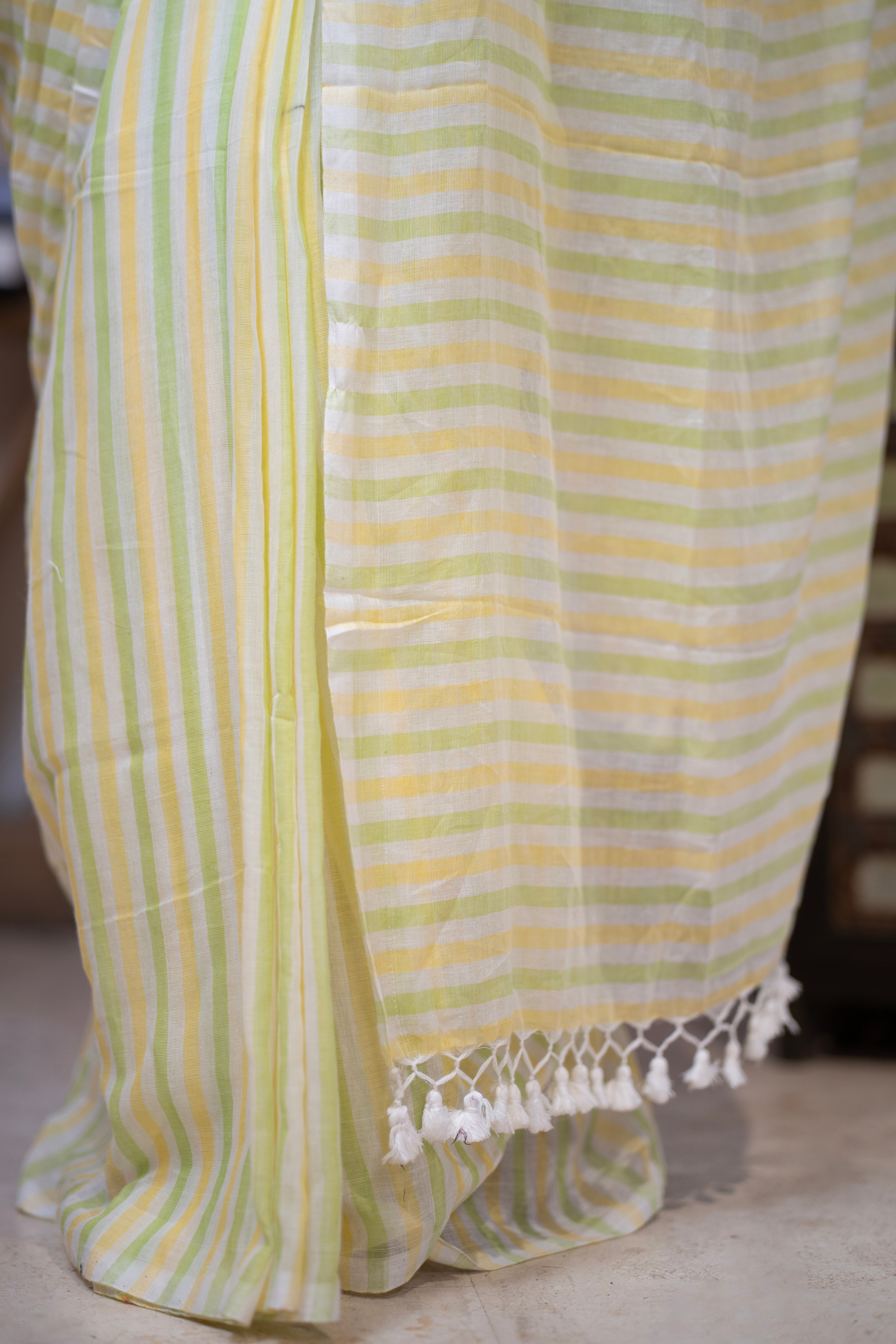 Yellow & Green Multicolour Stripes Mul Mul Cotton Saree