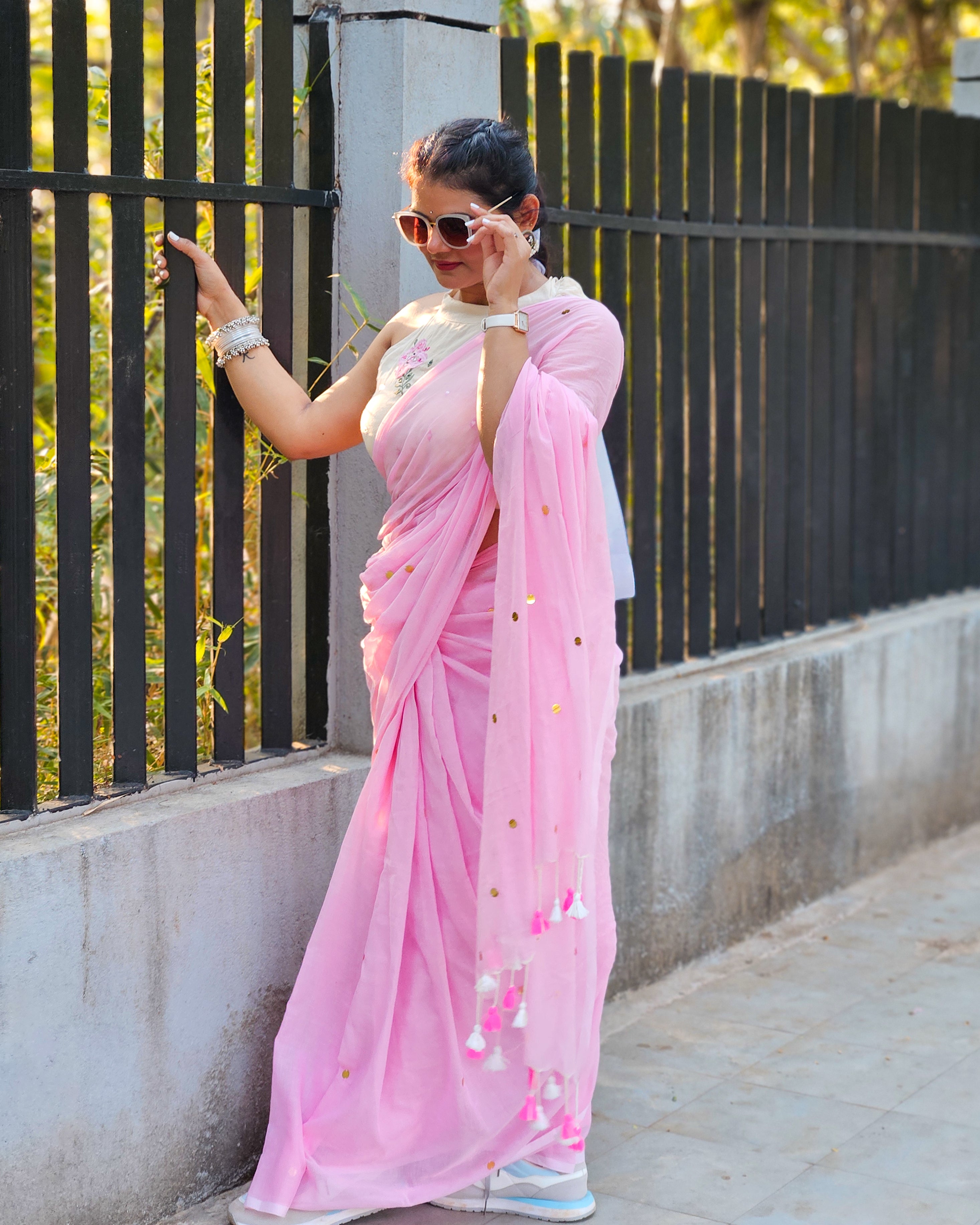 Baby Pink Mul Mul Cotton Saree with Ginni Work