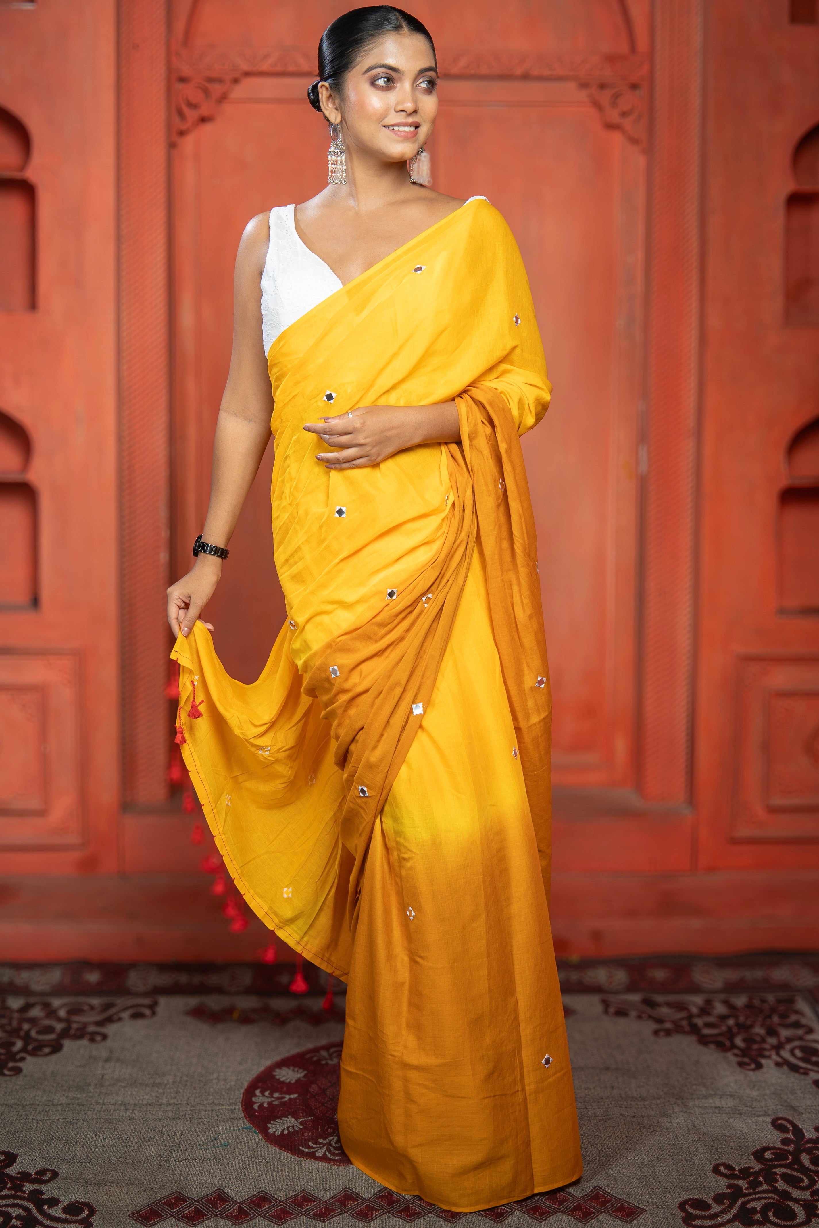 Pure Mul Cotton Mirror Work Saree- Yellow