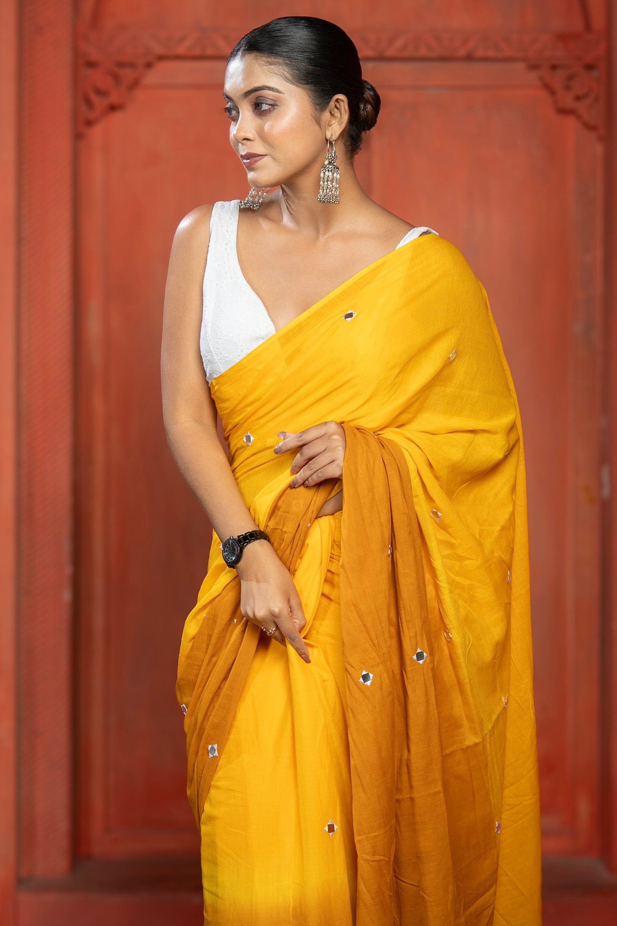 Pure Mul Cotton Mirror Work Saree- Yellow