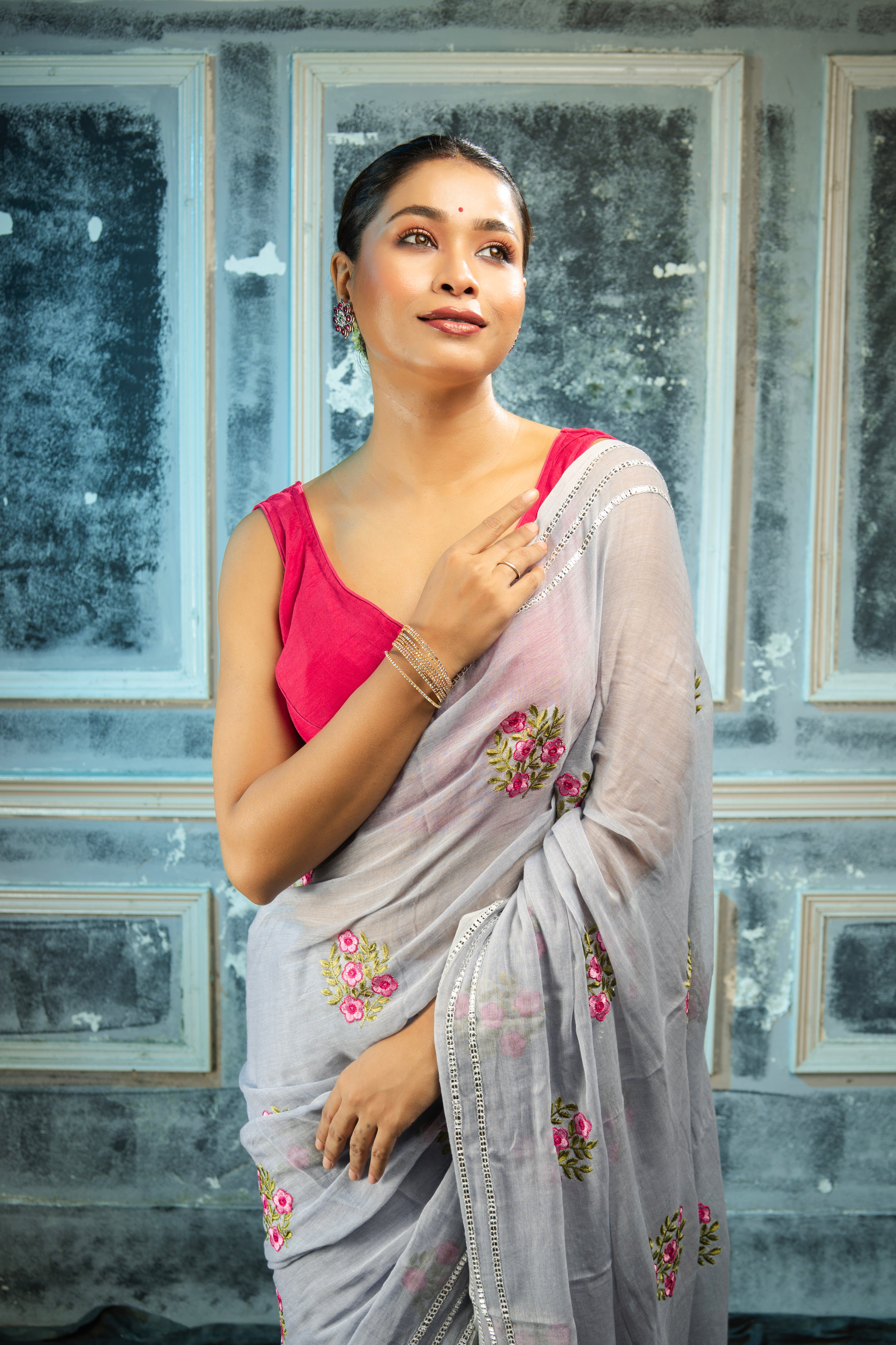 Lavanya Grey Blue Mul Mul Cotton Saree with Embroidery