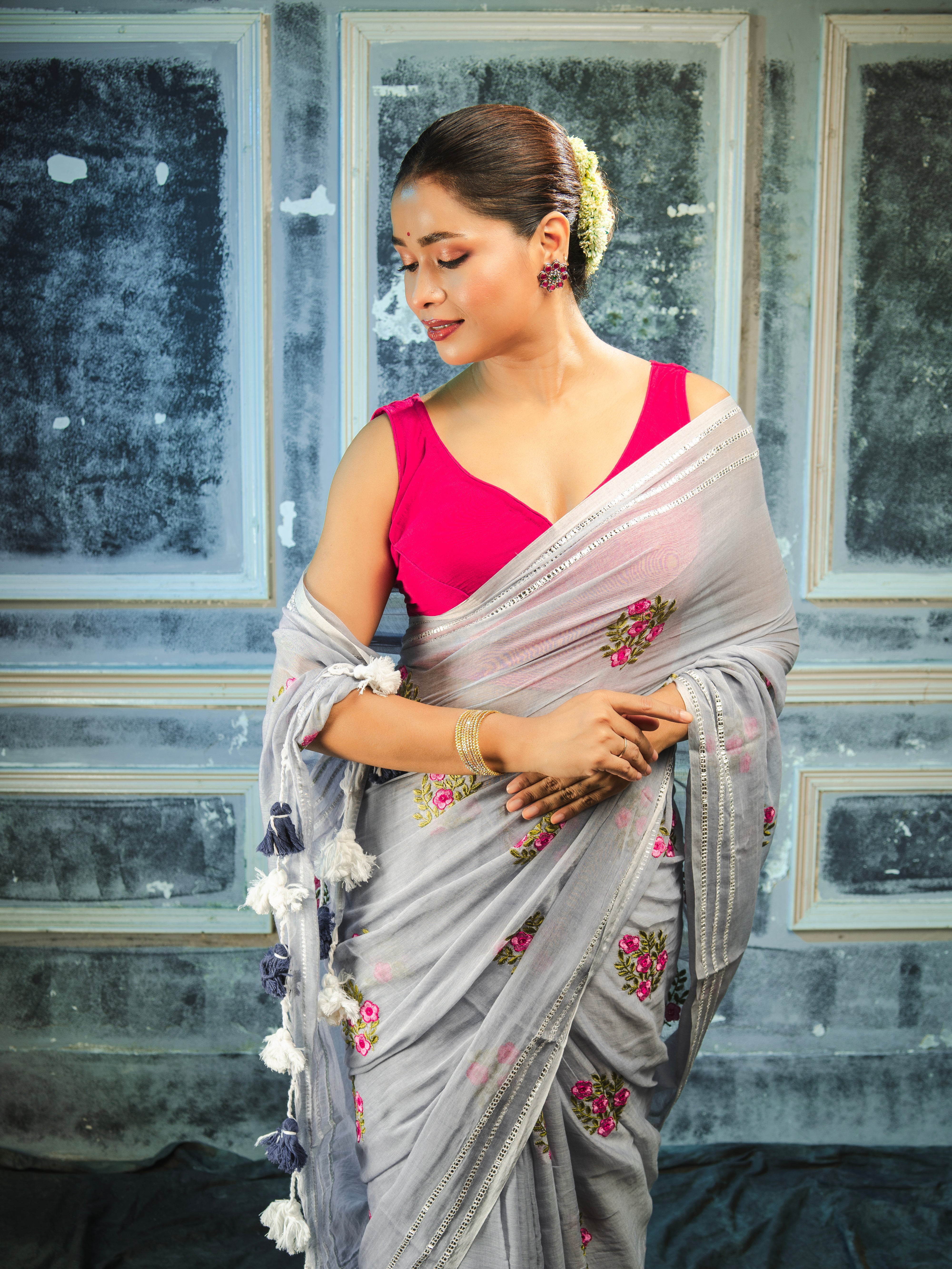 Lavanya Grey Blue Mul Mul Cotton Saree with Embroidery