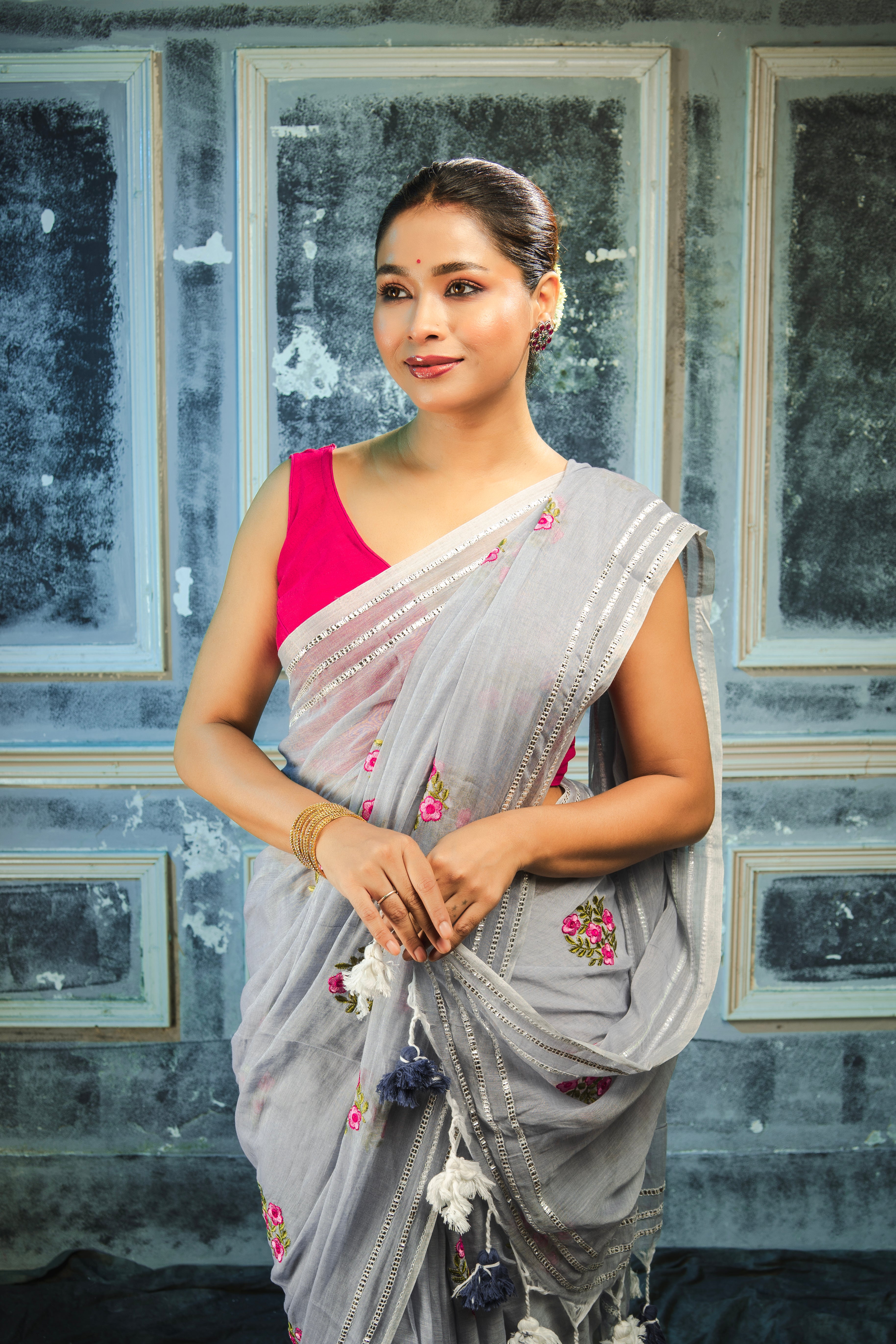 Lavanya Grey Blue Mul Mul Cotton Saree with Embroidery