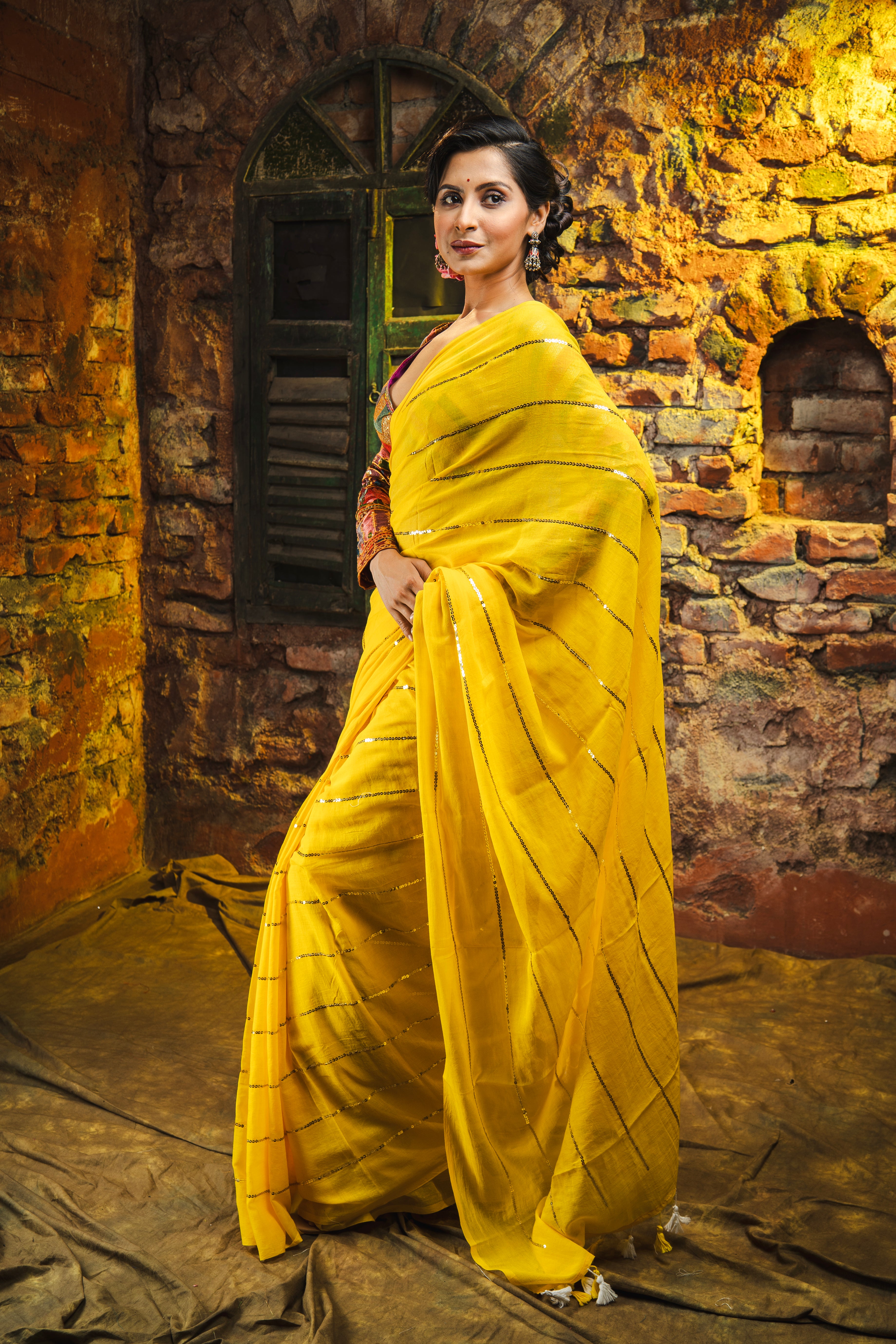 Yellow Mulmul Cotton Saree All Over Sequence Work