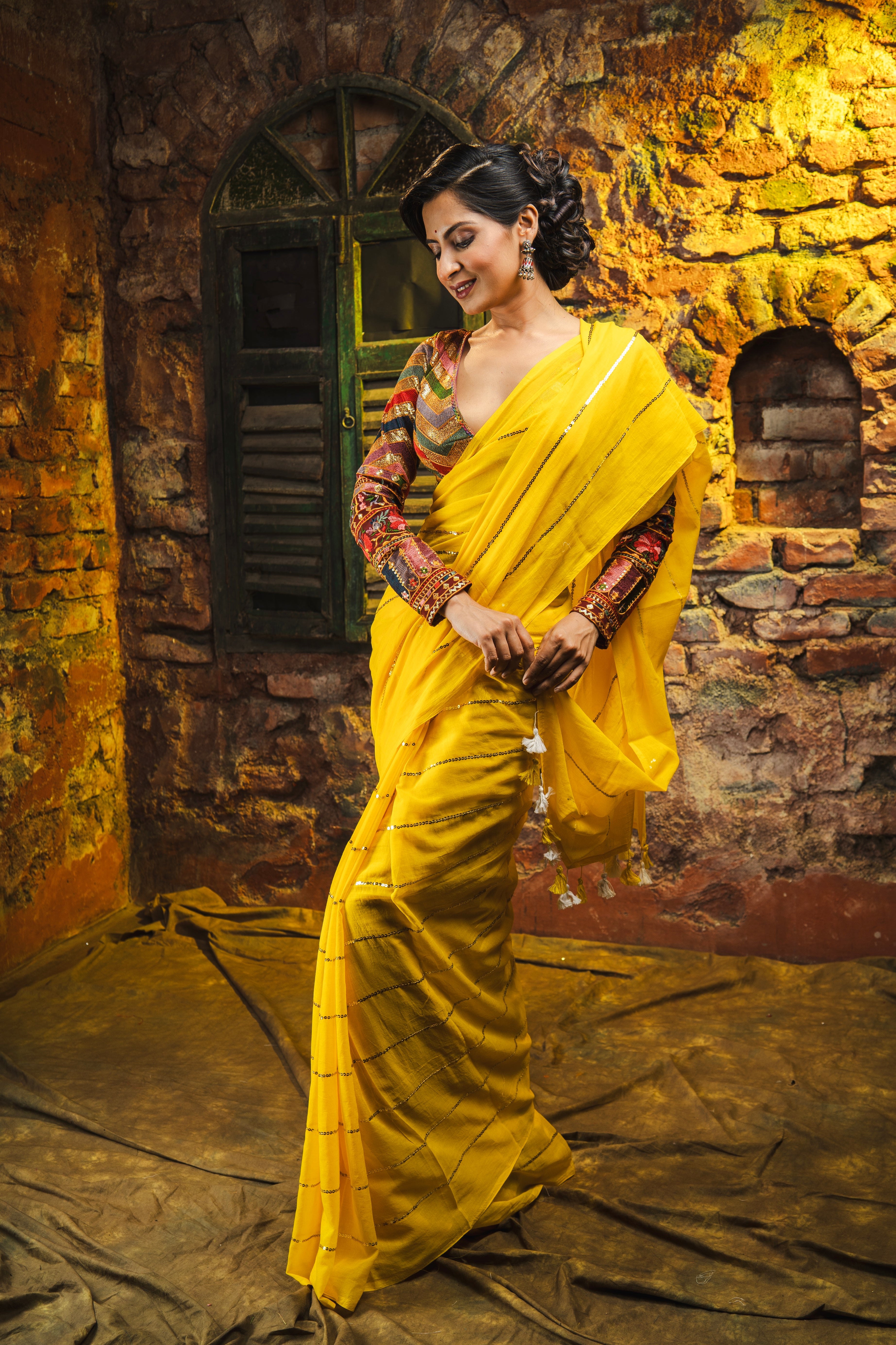 Yellow Mulmul Cotton Saree All Over Sequence Work