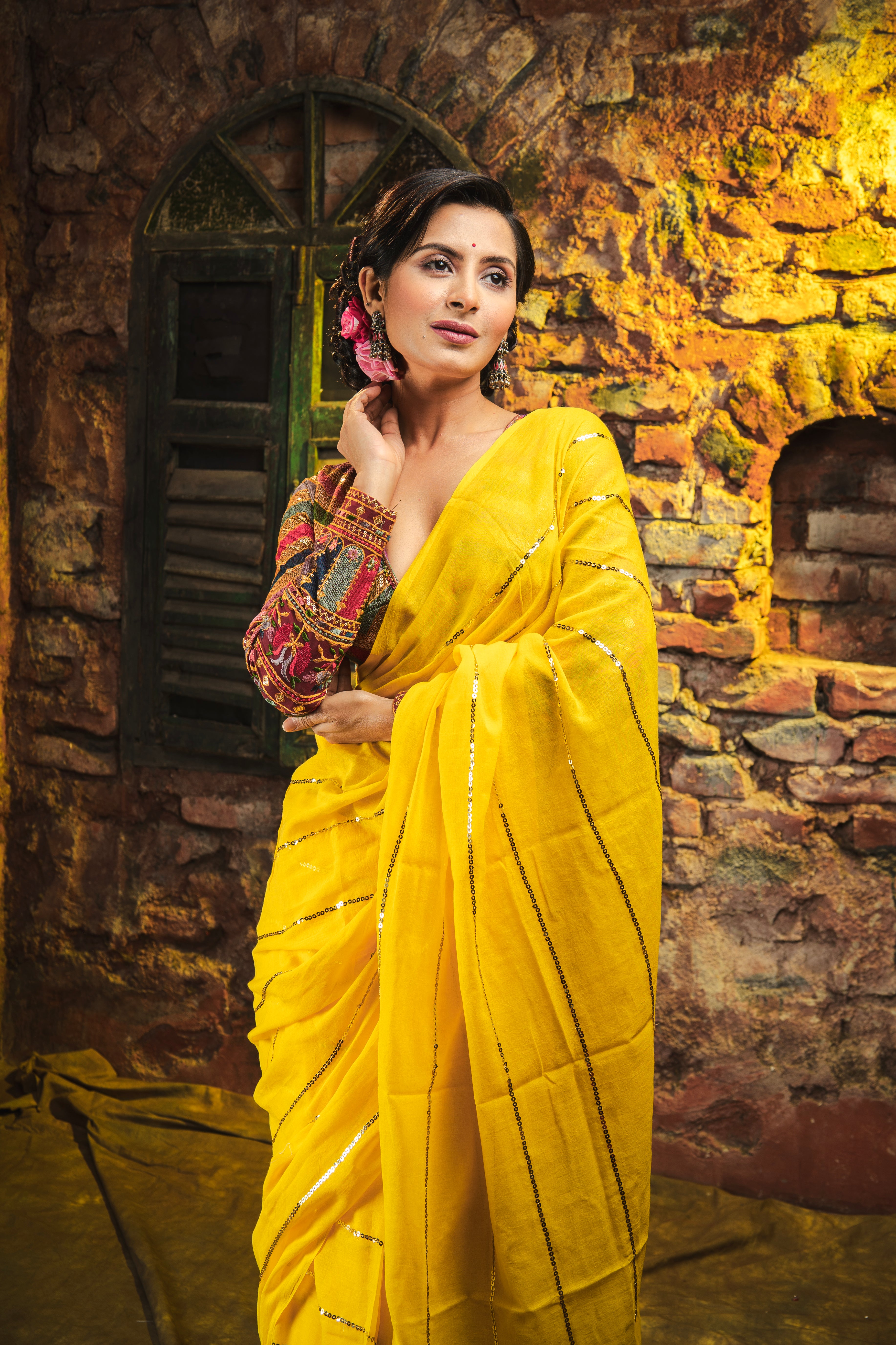 Yellow Mulmul Cotton Saree All Over Sequence Work