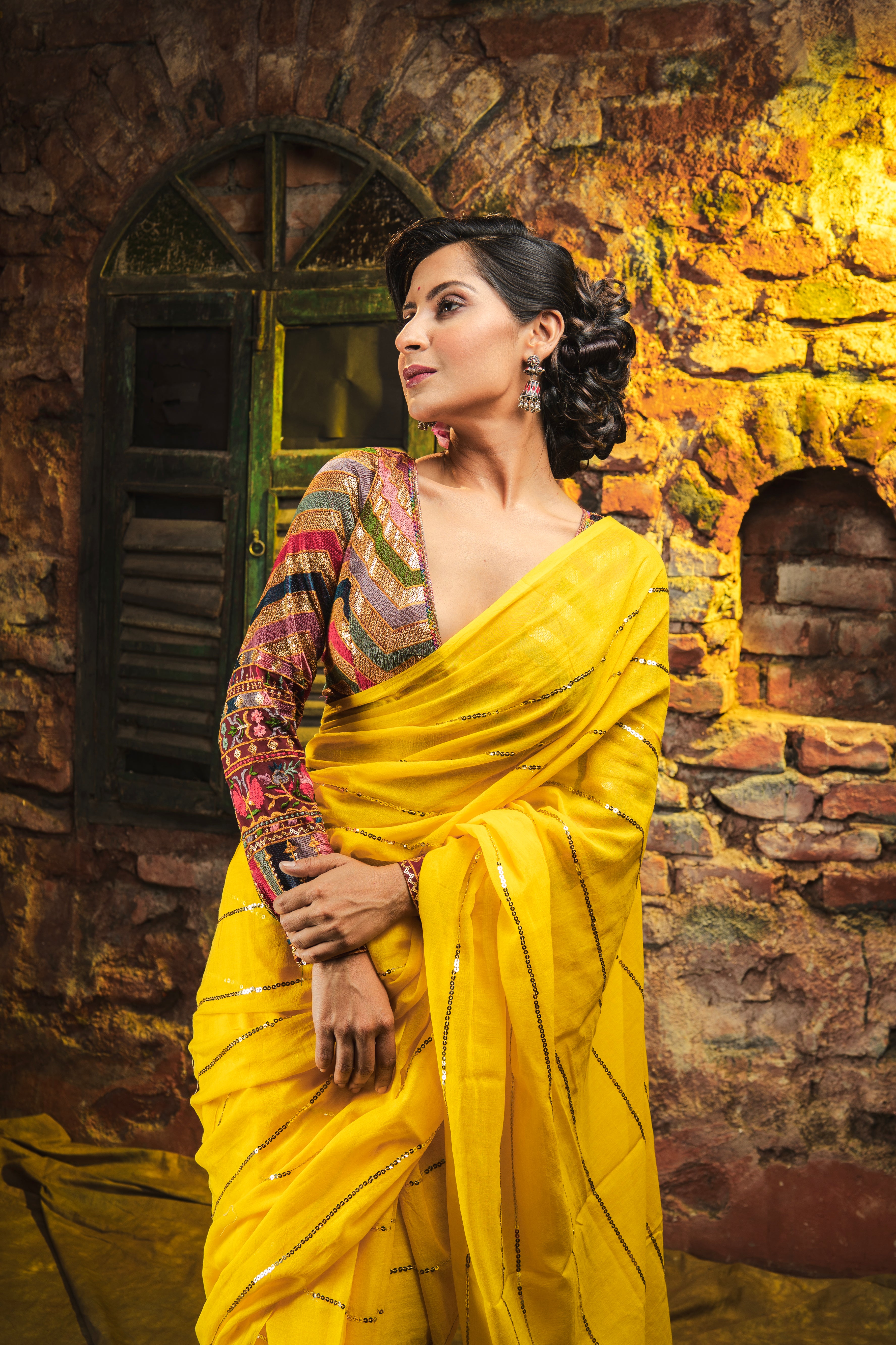 Yellow Mulmul Cotton Saree All Over Sequence Work