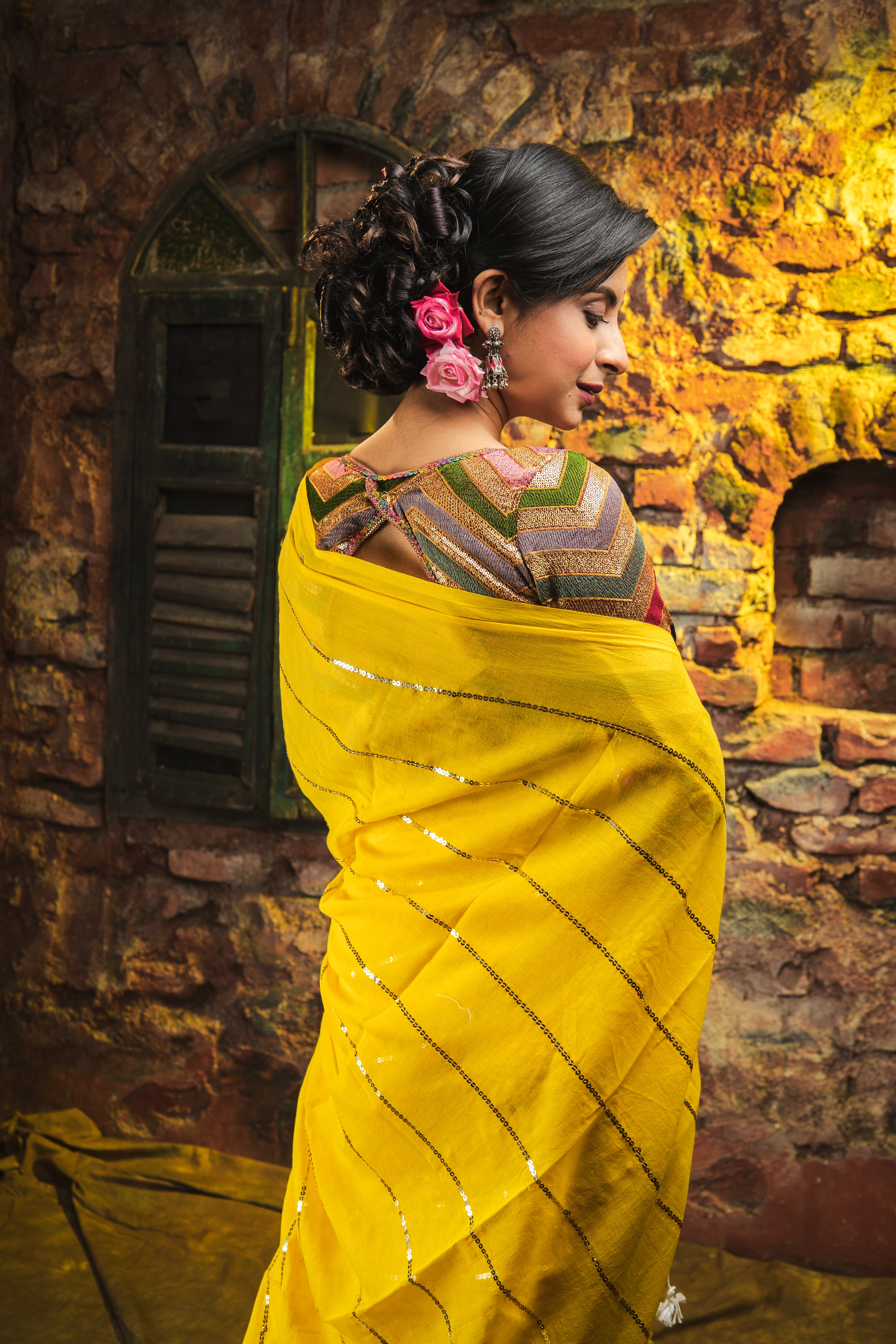 Yellow Mulmul Cotton Saree All Over Sequence Work