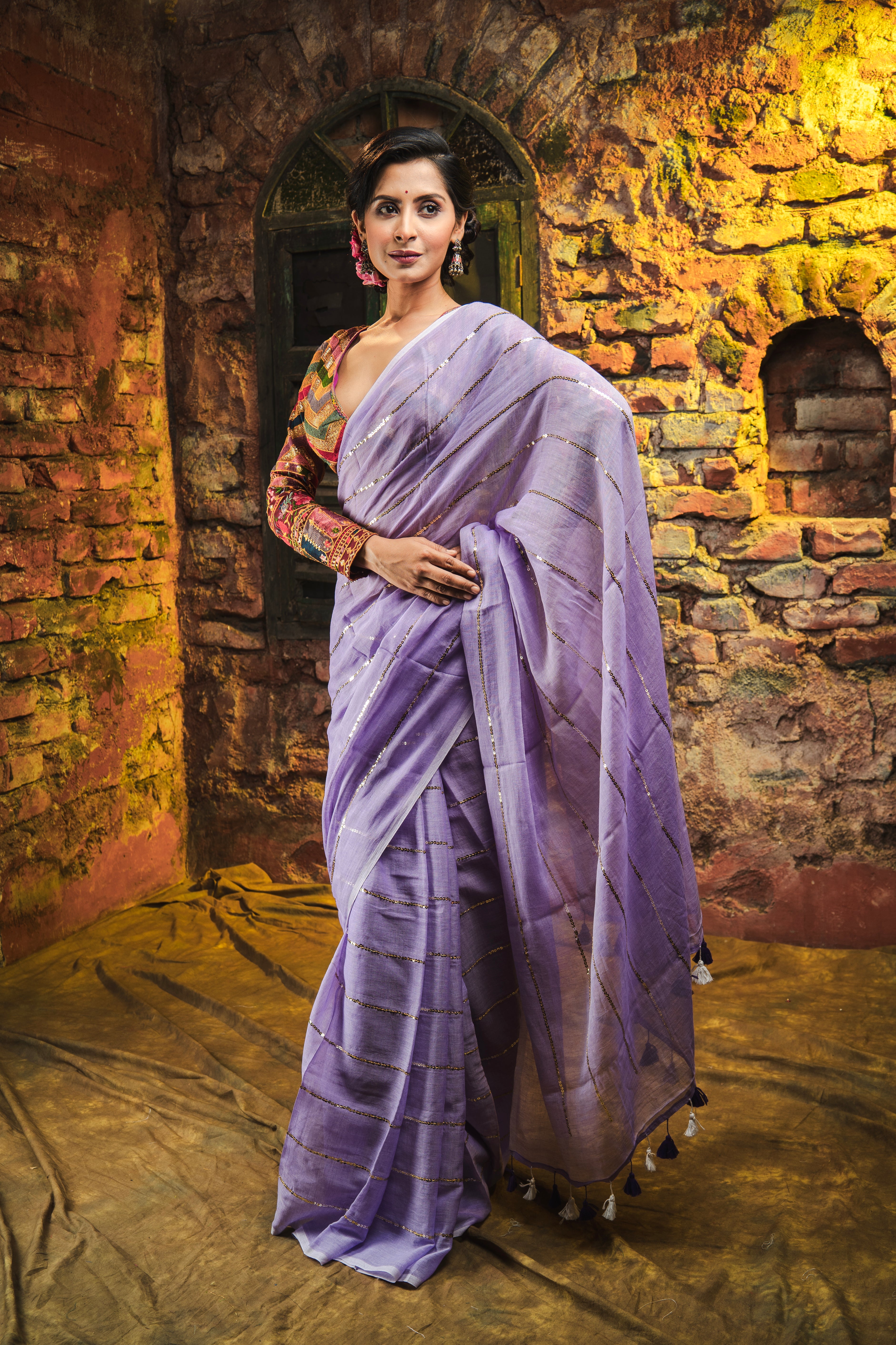 Lavender Mulmul Cotton Saree All Over Sequence Work
