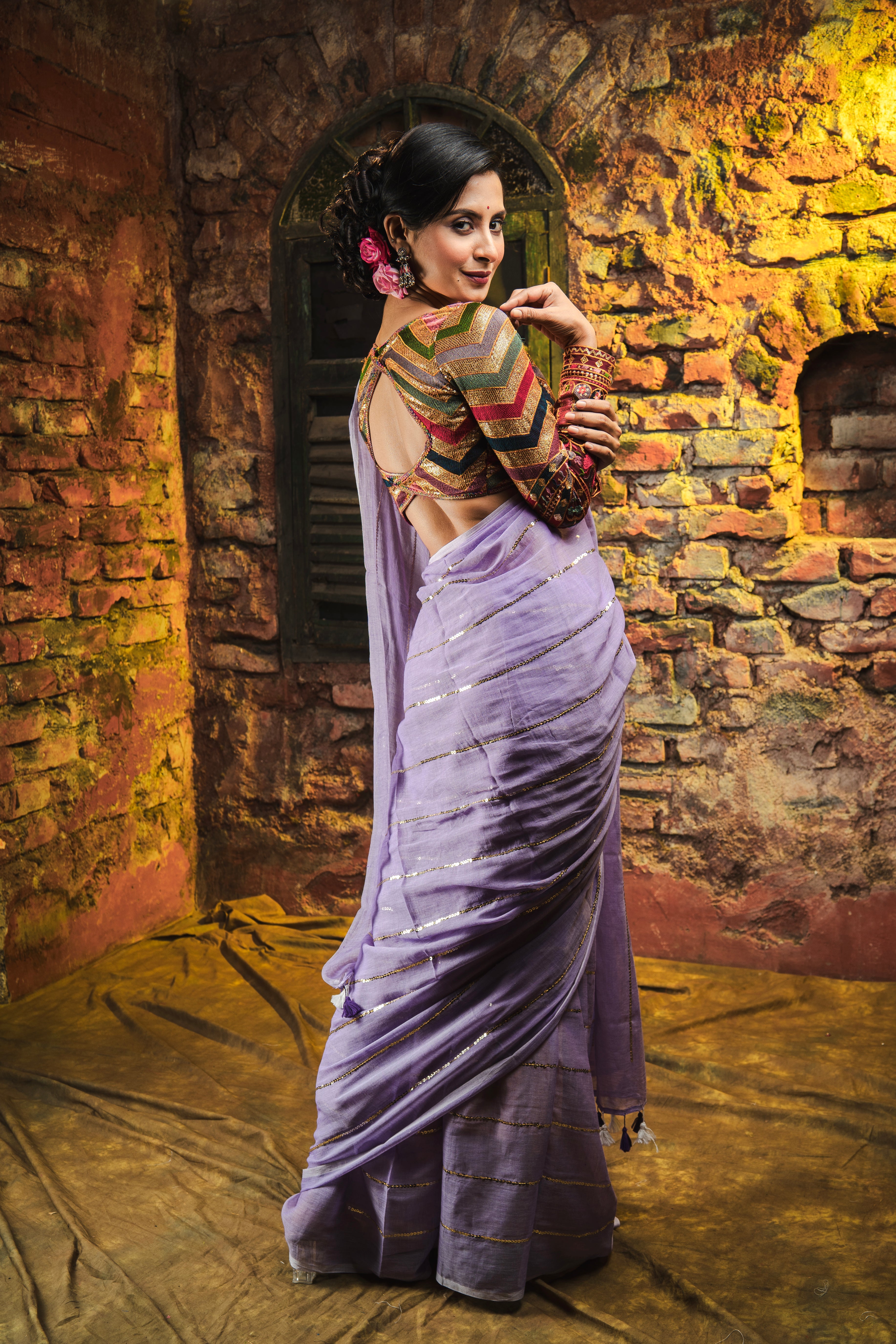 Lavender Mulmul Cotton Saree All Over Sequence Work