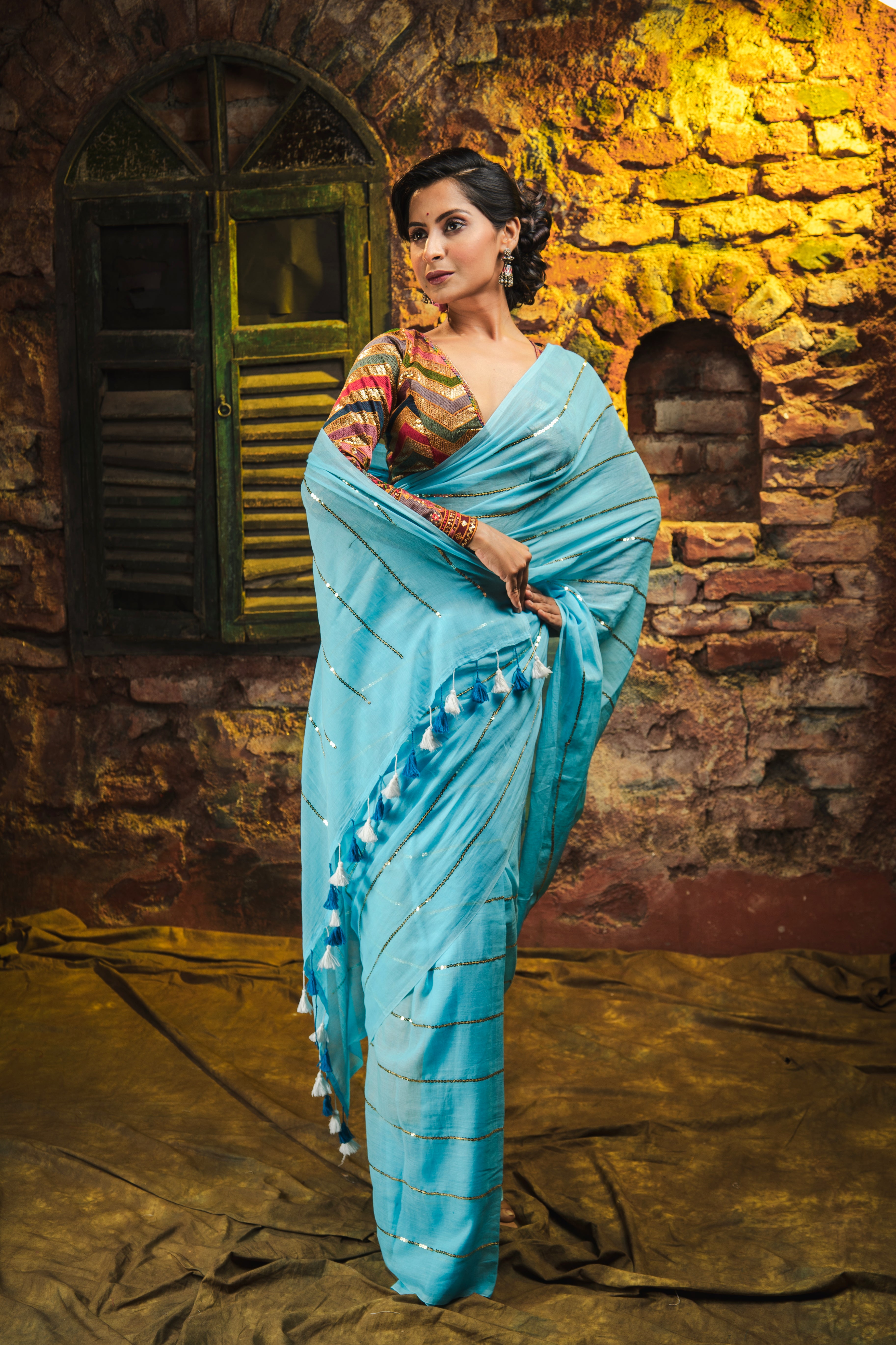 Sky Blue Mulmul Cotton Saree All Over Sequence Work