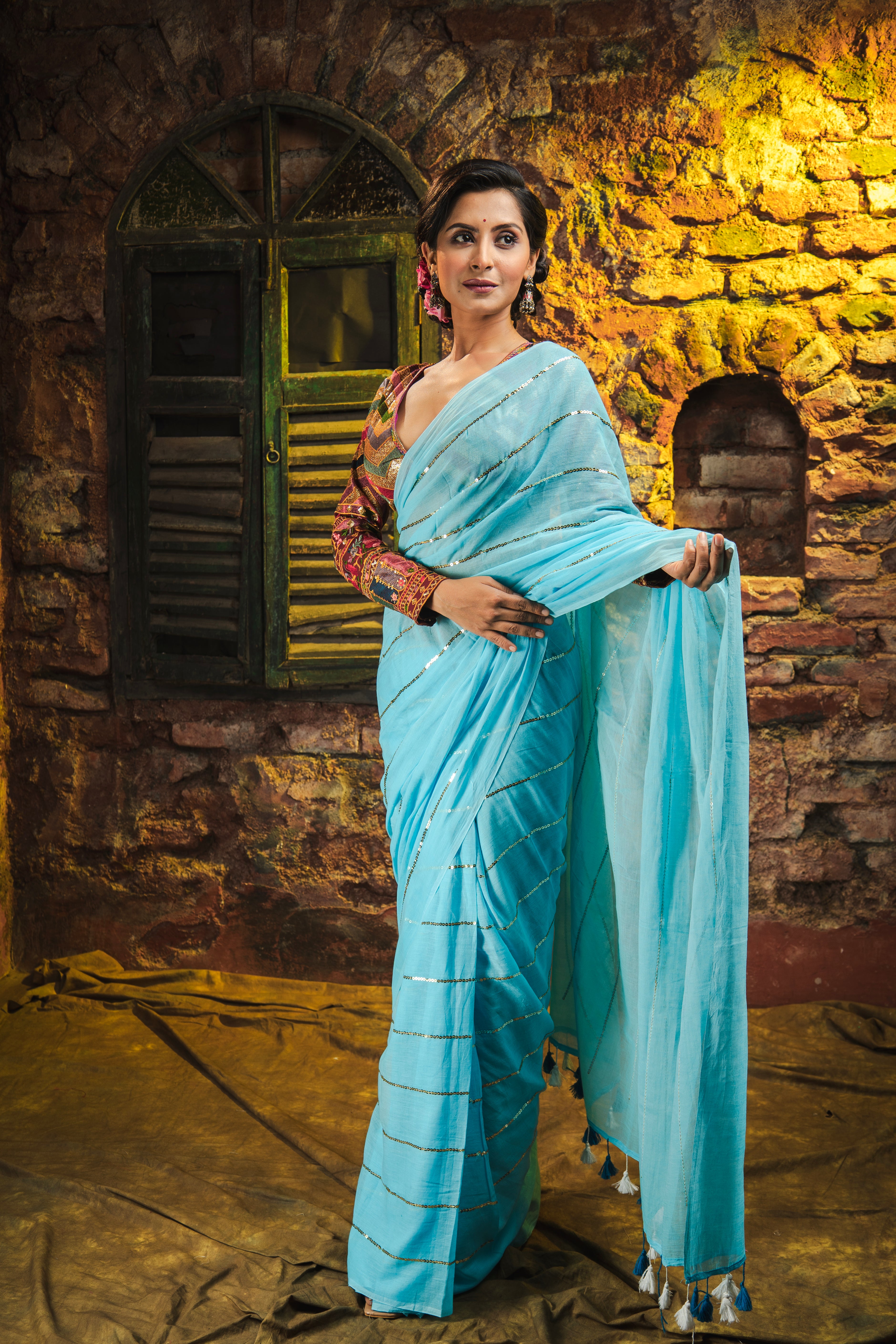 Sky Blue Mulmul Cotton Saree All Over Sequence Work