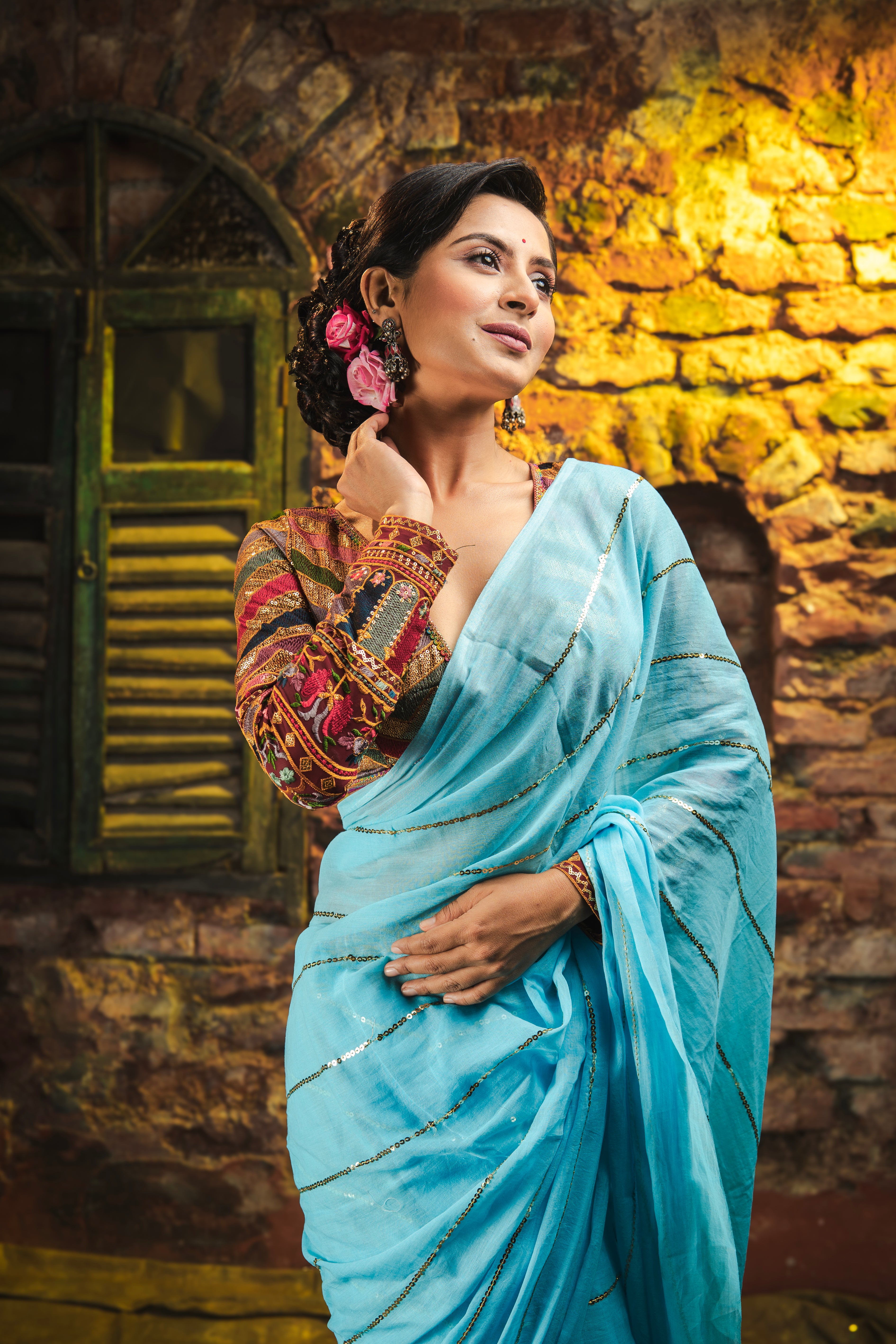 Sky Blue Mulmul Cotton Saree All Over Sequence Work