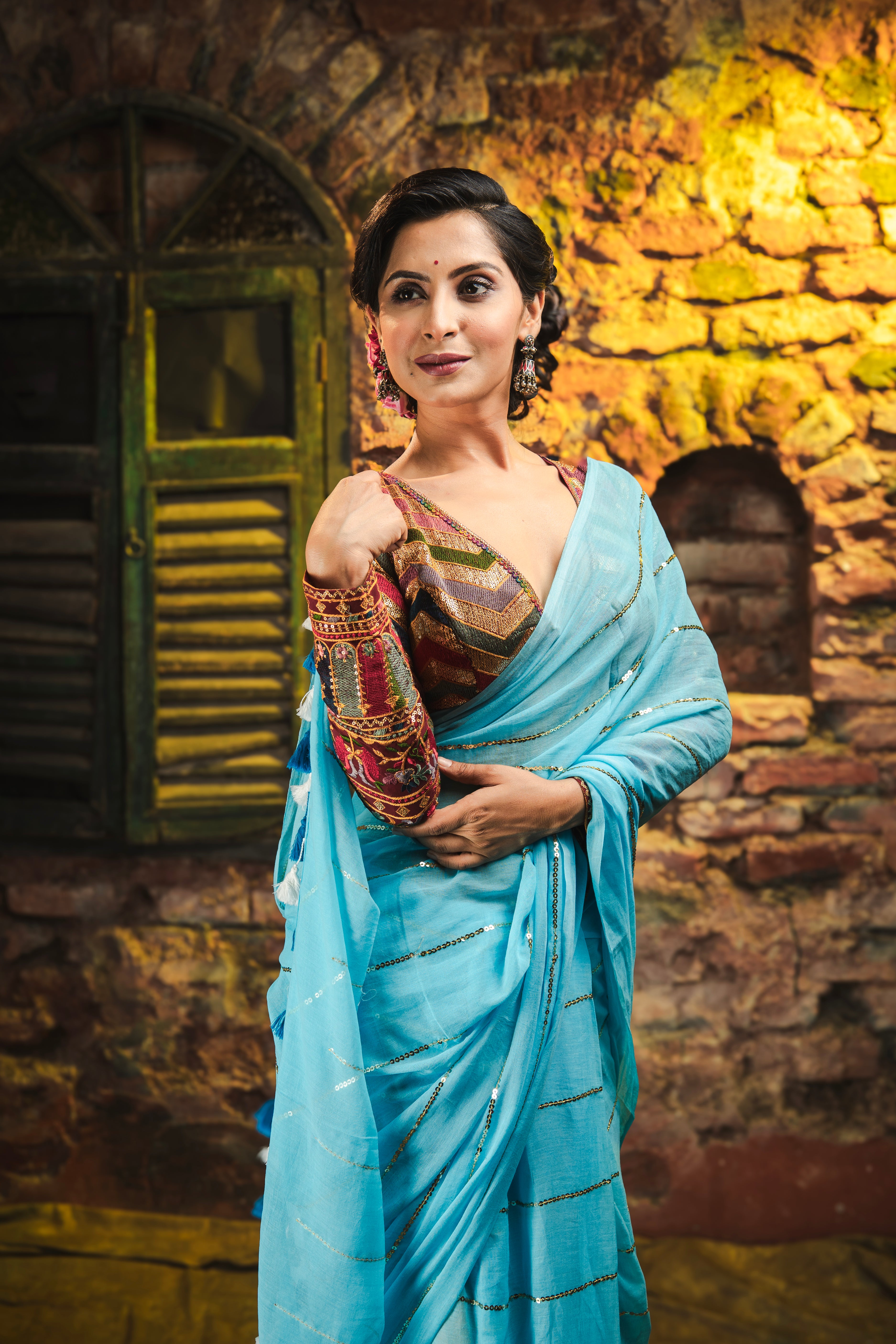 Sky Blue Mulmul Cotton Saree All Over Sequence Work