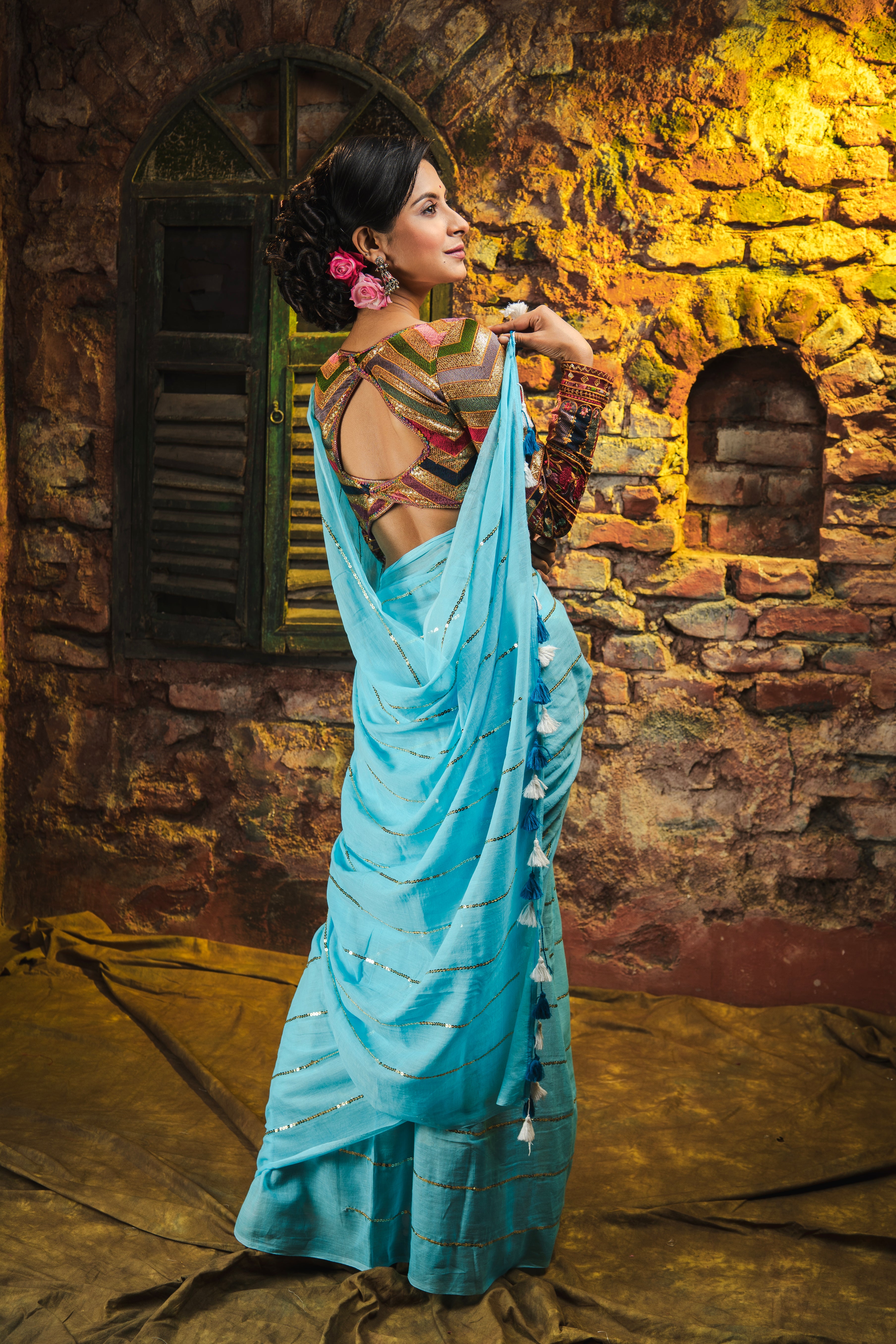 Sky Blue Mulmul Cotton Saree All Over Sequence Work