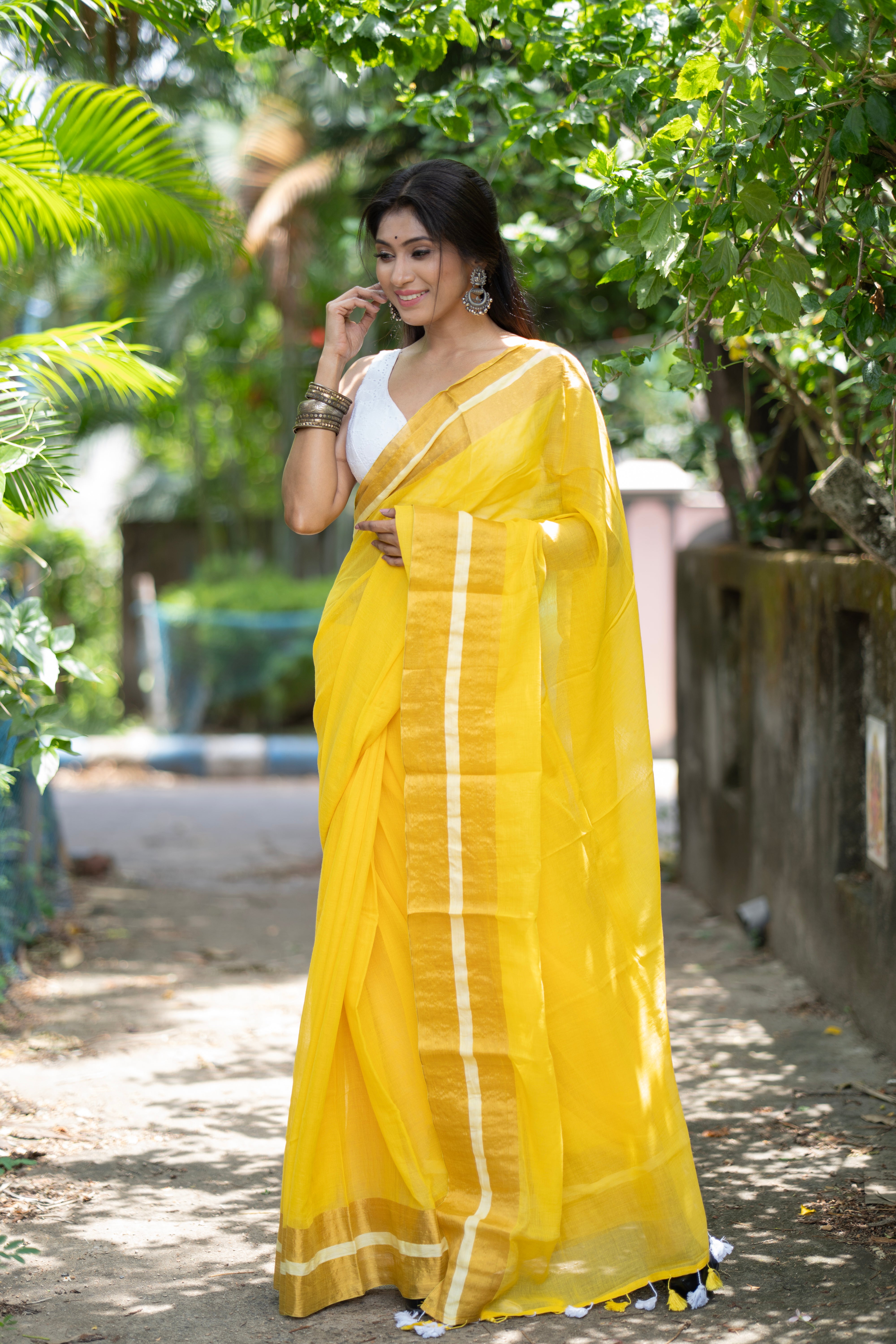 Divya Yellow Mul Mul Cotton Saree-yellow