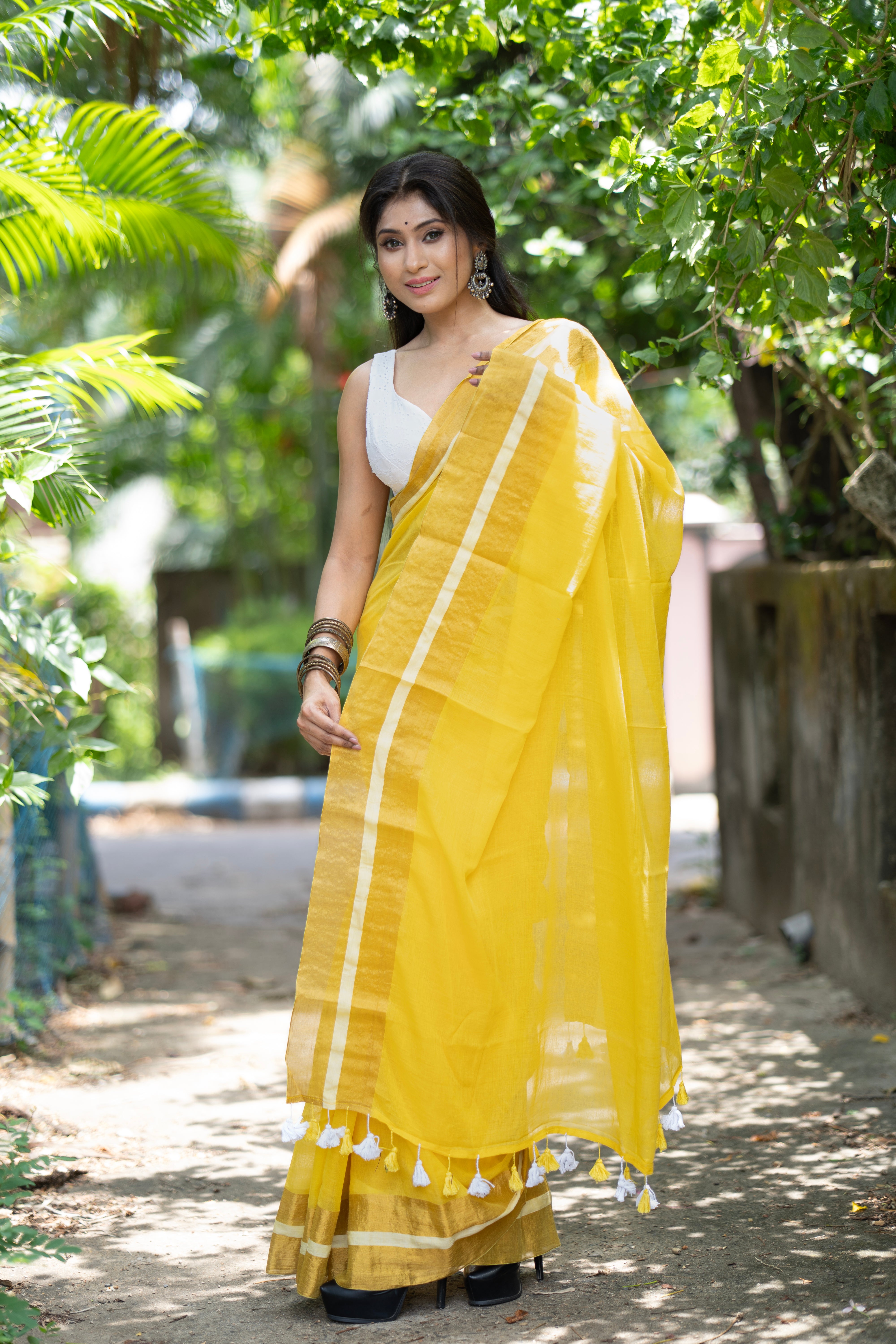 Divya Yellow Mul Mul Cotton Saree-yellow