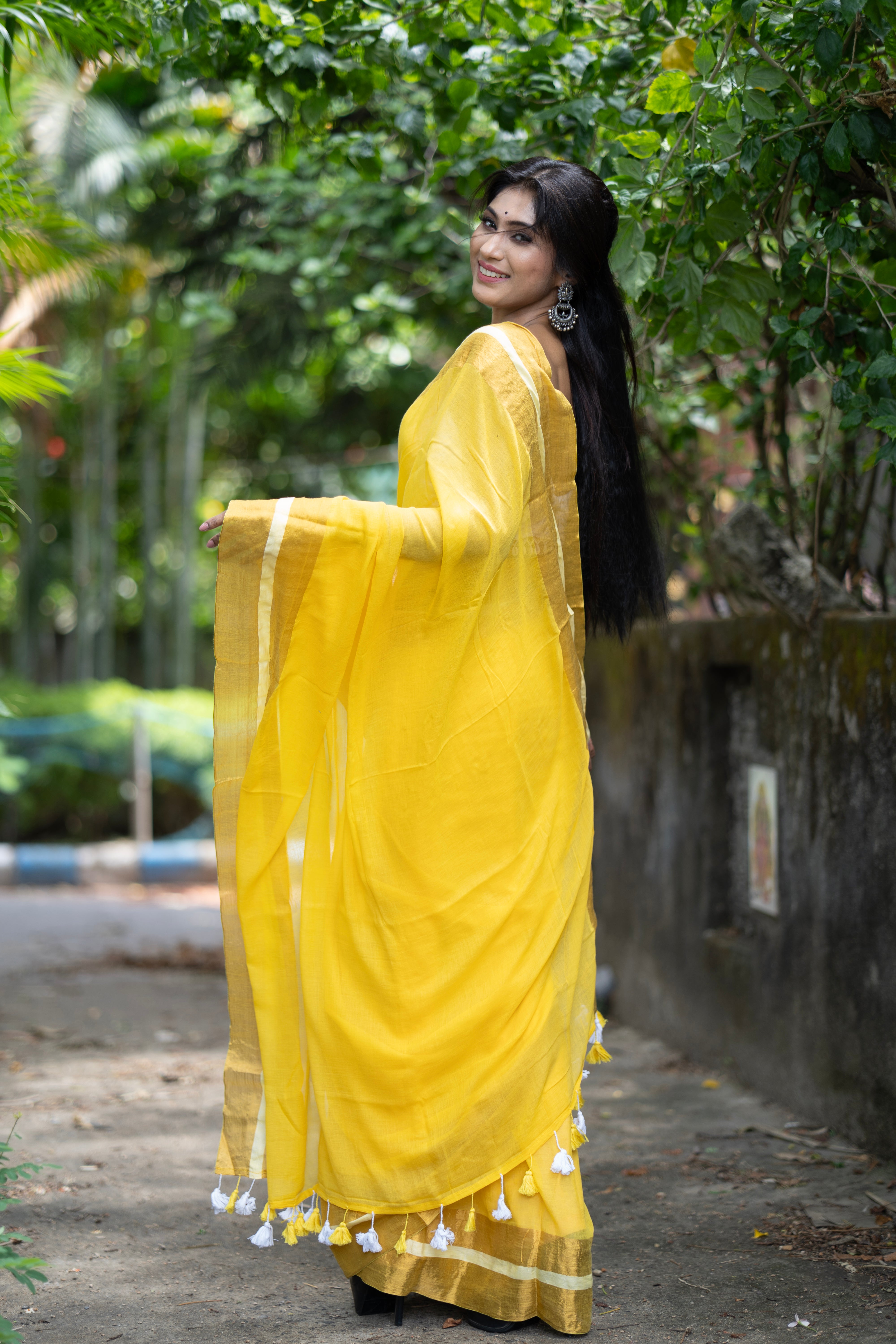 Divya Yellow Mul Mul Cotton Saree-yellow