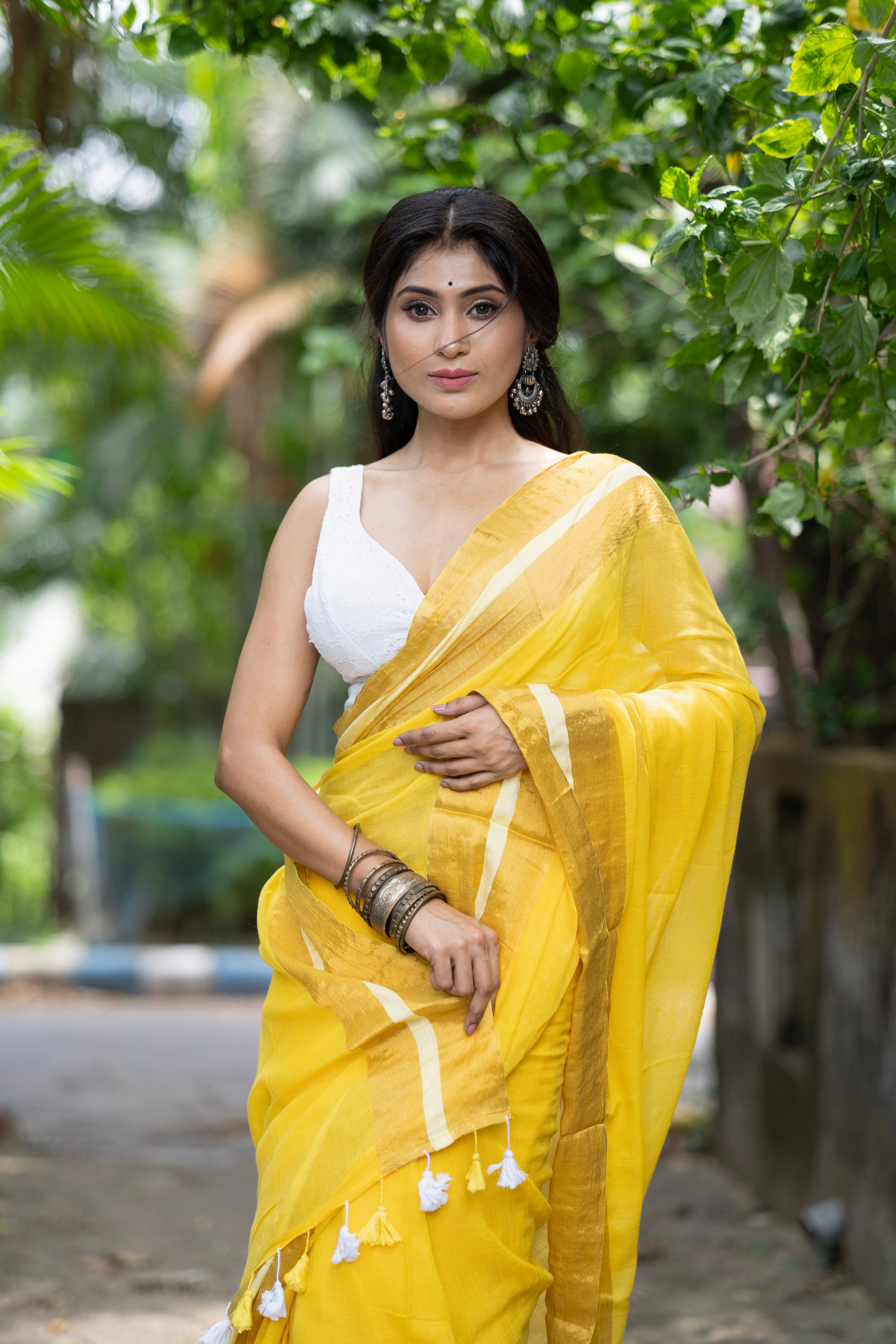 Divya Yellow Mul Mul Cotton Saree-yellow