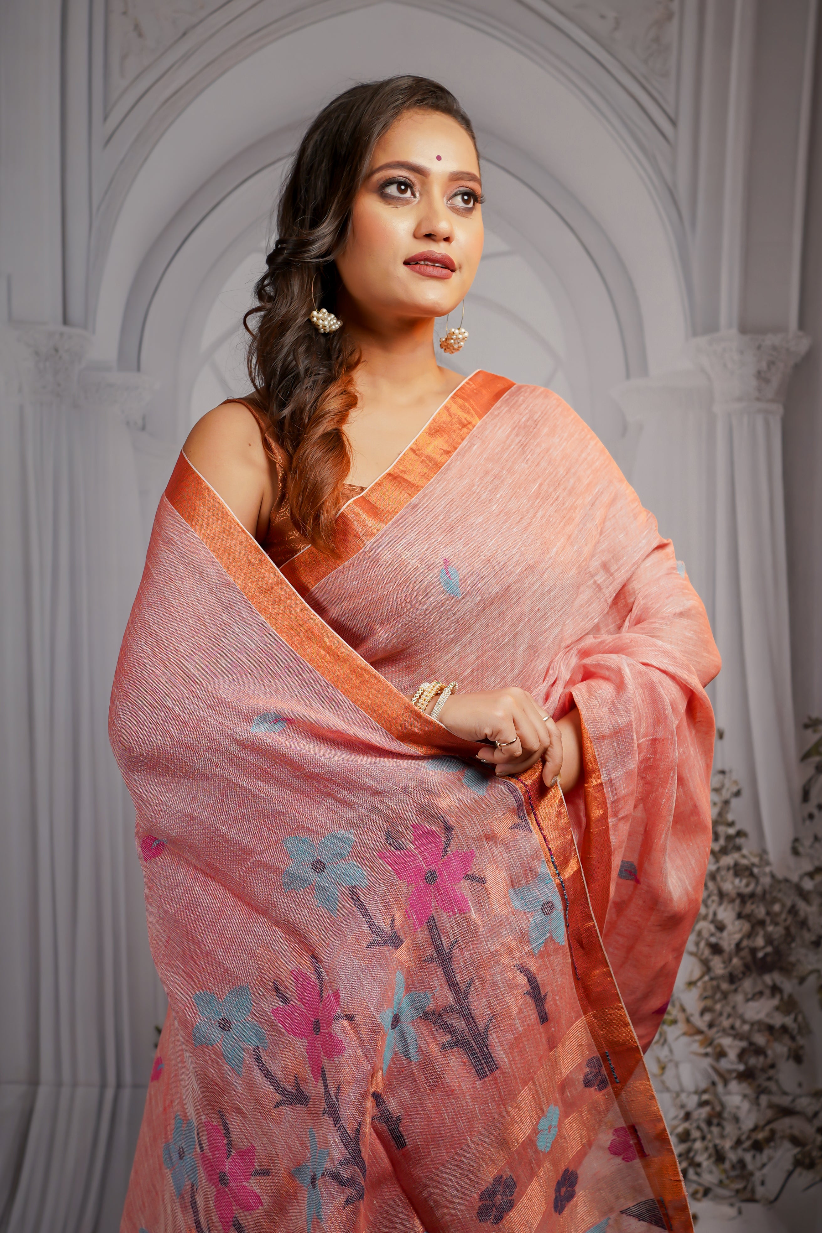 Blushing Peach Pure Linen Handwoven Jamdani Saree