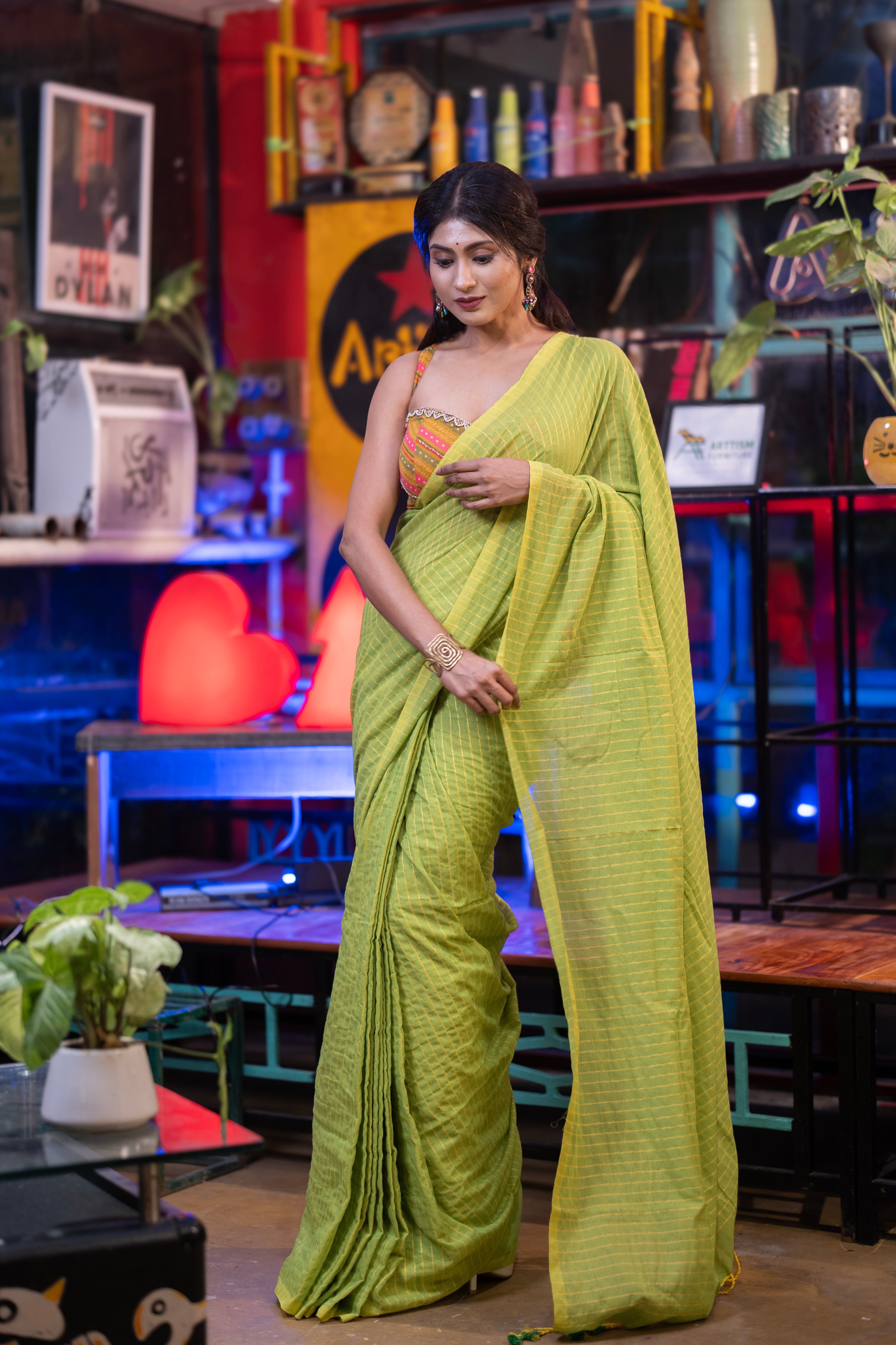 Khadi Cotton yellow Striped Saree - lime Green