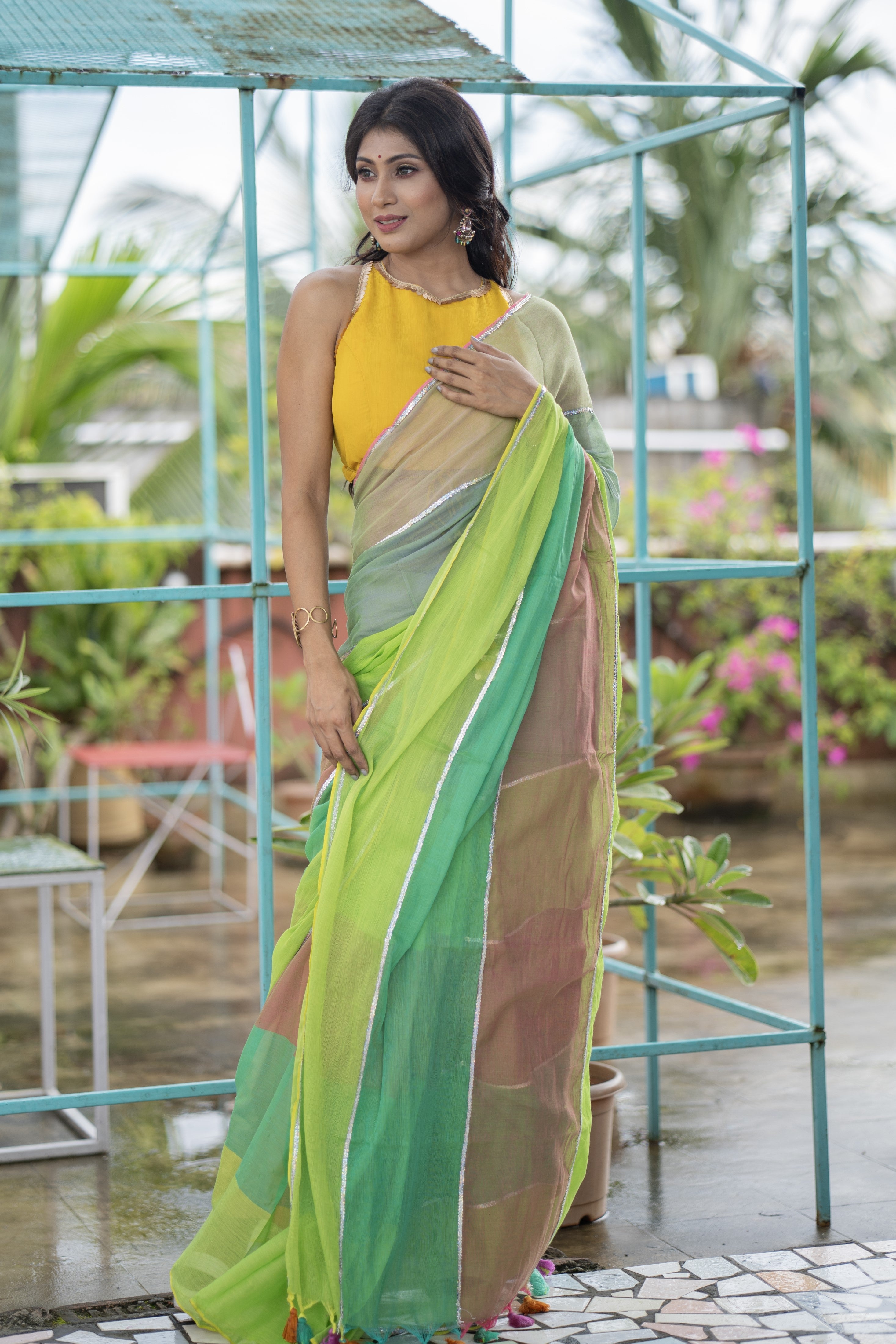 Light green Mul Mul Cotton Saree with Multi Rainbow Sequence Work