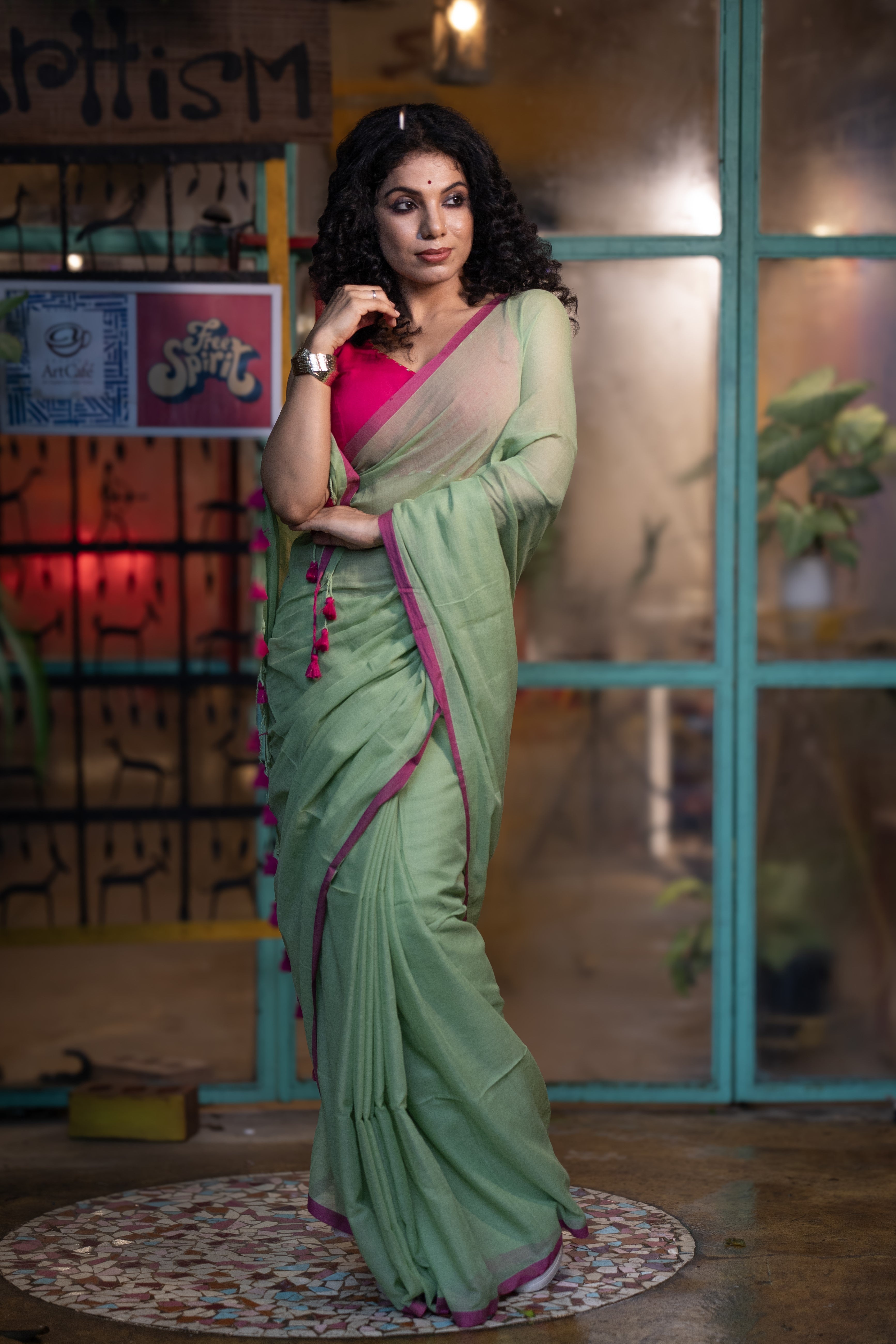 Pure Mulmul Cotton Saree - Light Green