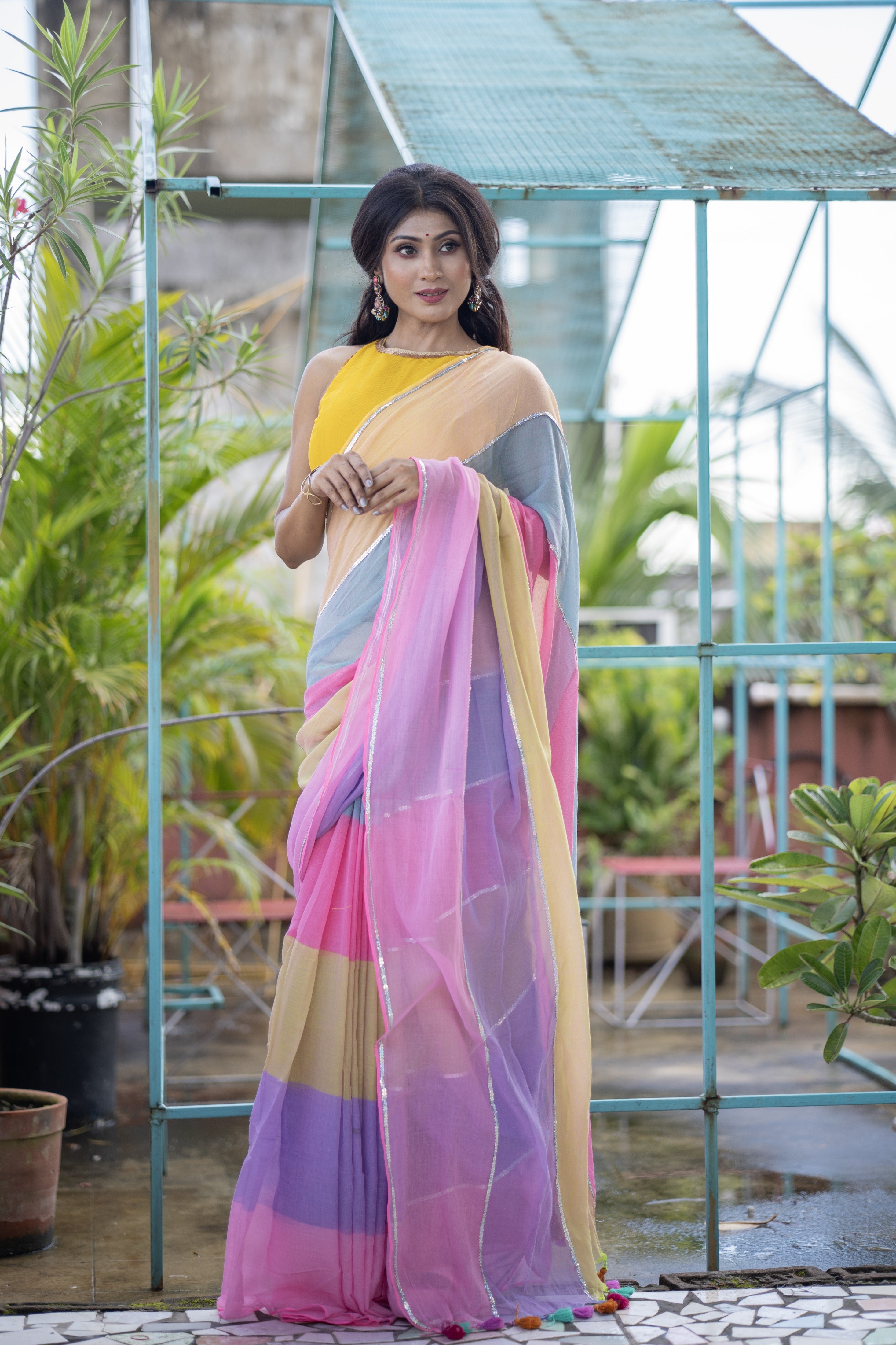 Light pink Mul Mul Cotton Saree with Multi Rainbow Sequence Work