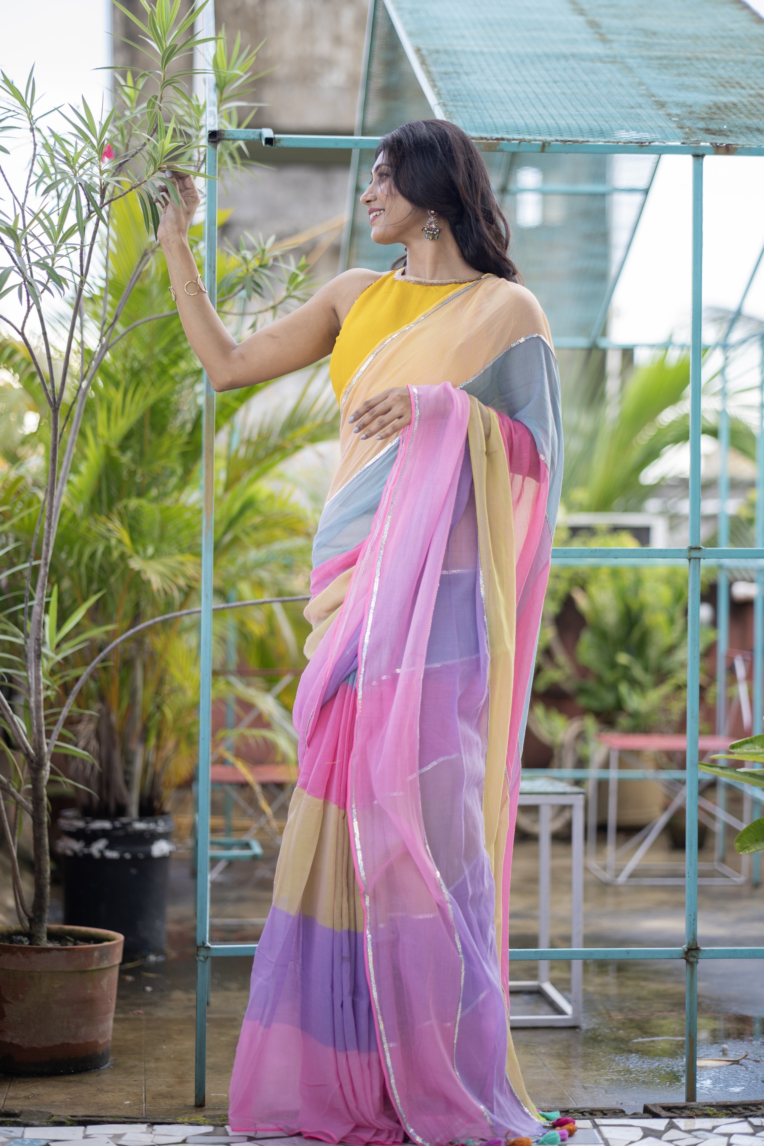 Light pink Mul Mul Cotton Saree with Multi Rainbow Sequence Work