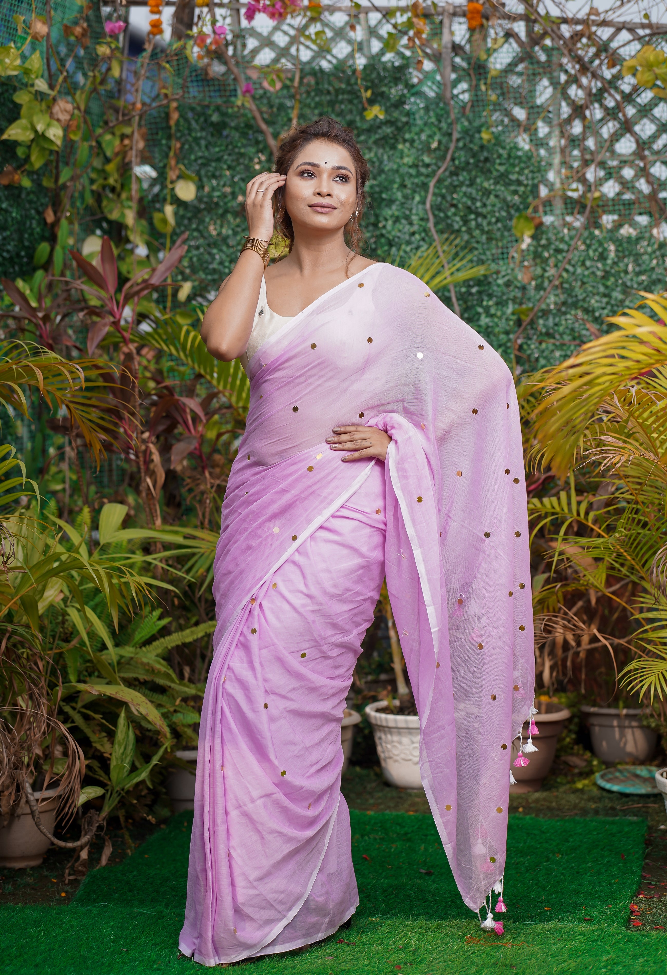 Light Purple Mul Mul Cotton Saree with Ginni Work