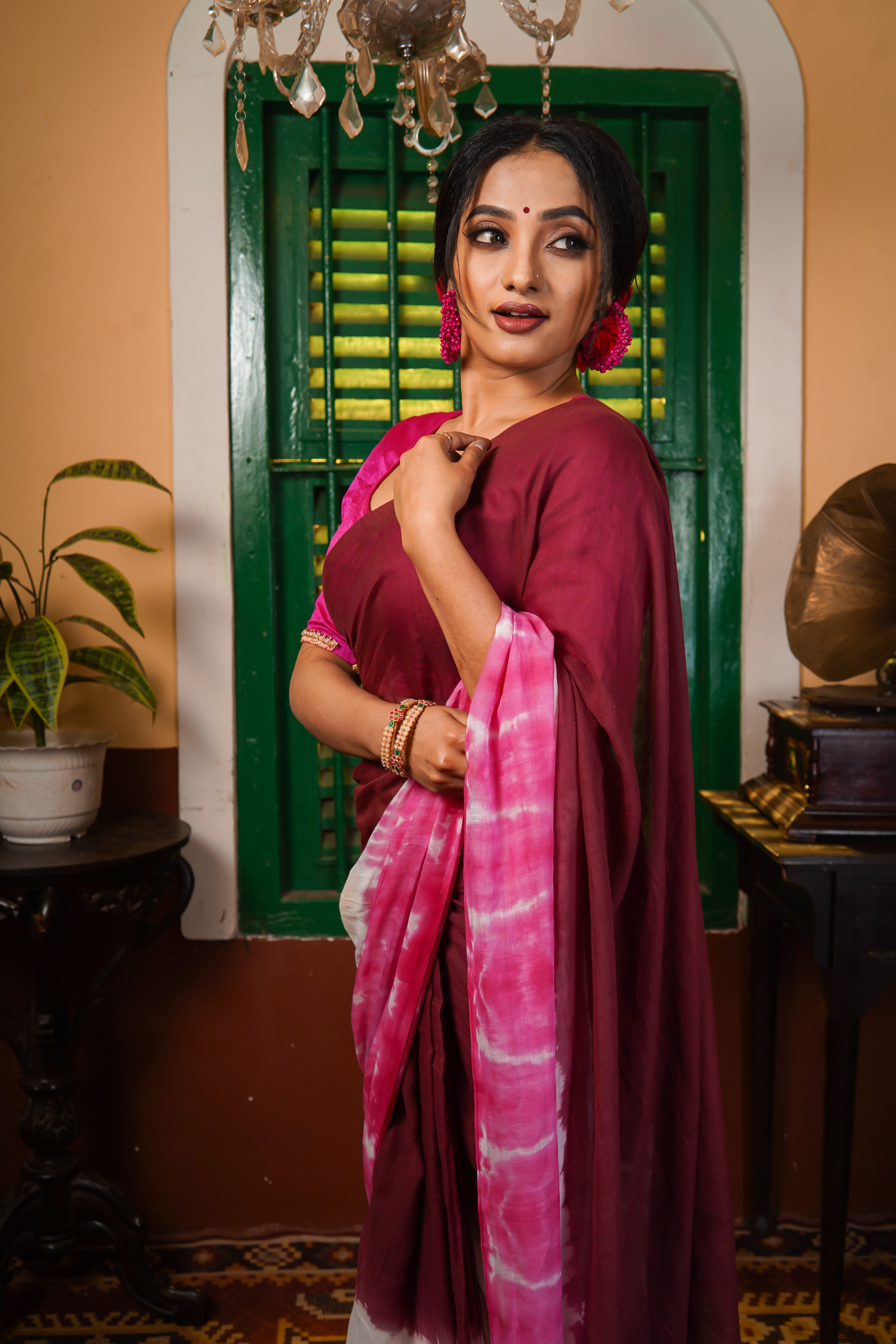 Maroon Multi Shibori Mul Mul Cotton Saree