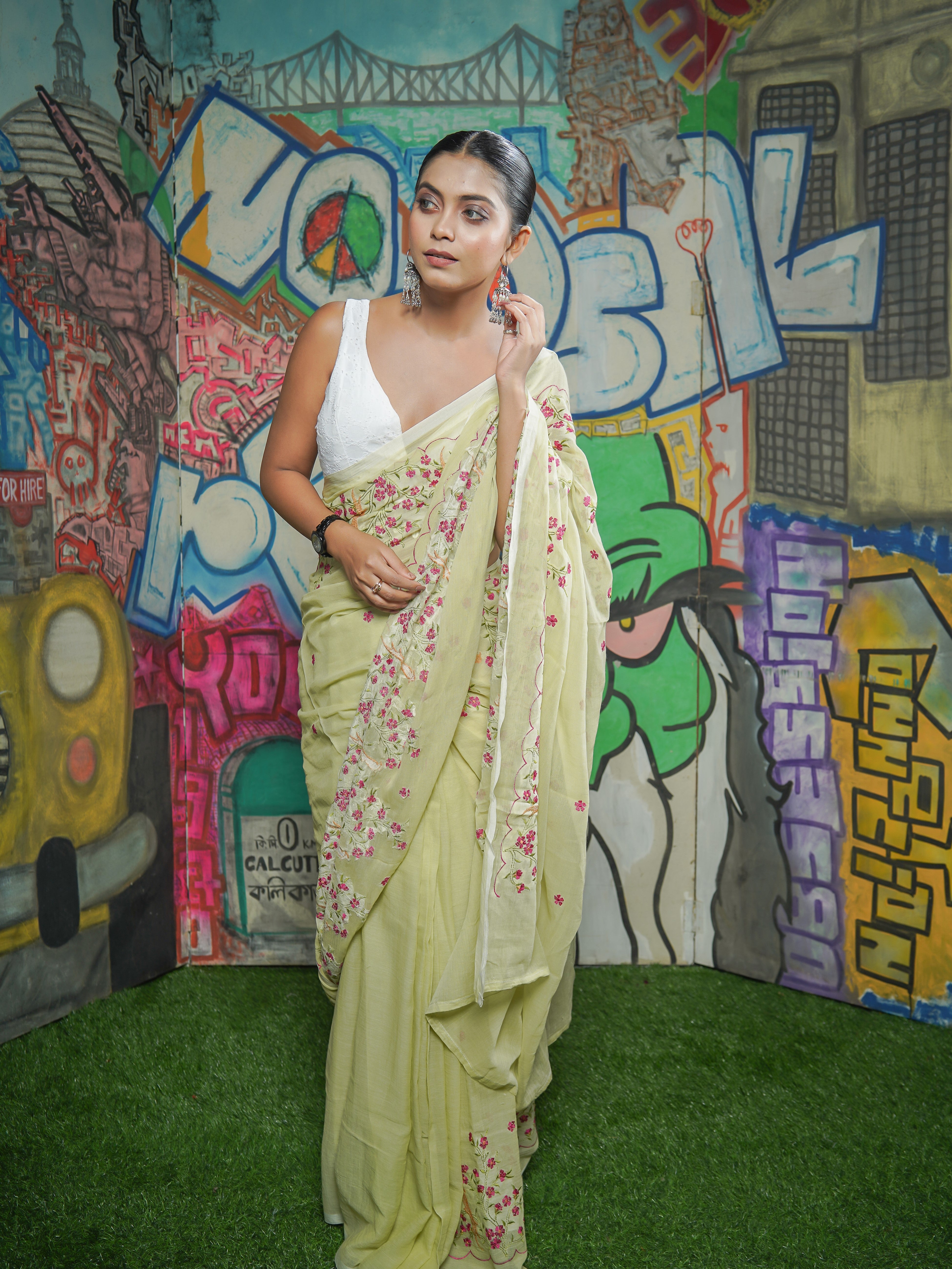 Mul Mul Cotton Embroidery Saree-Lime Green