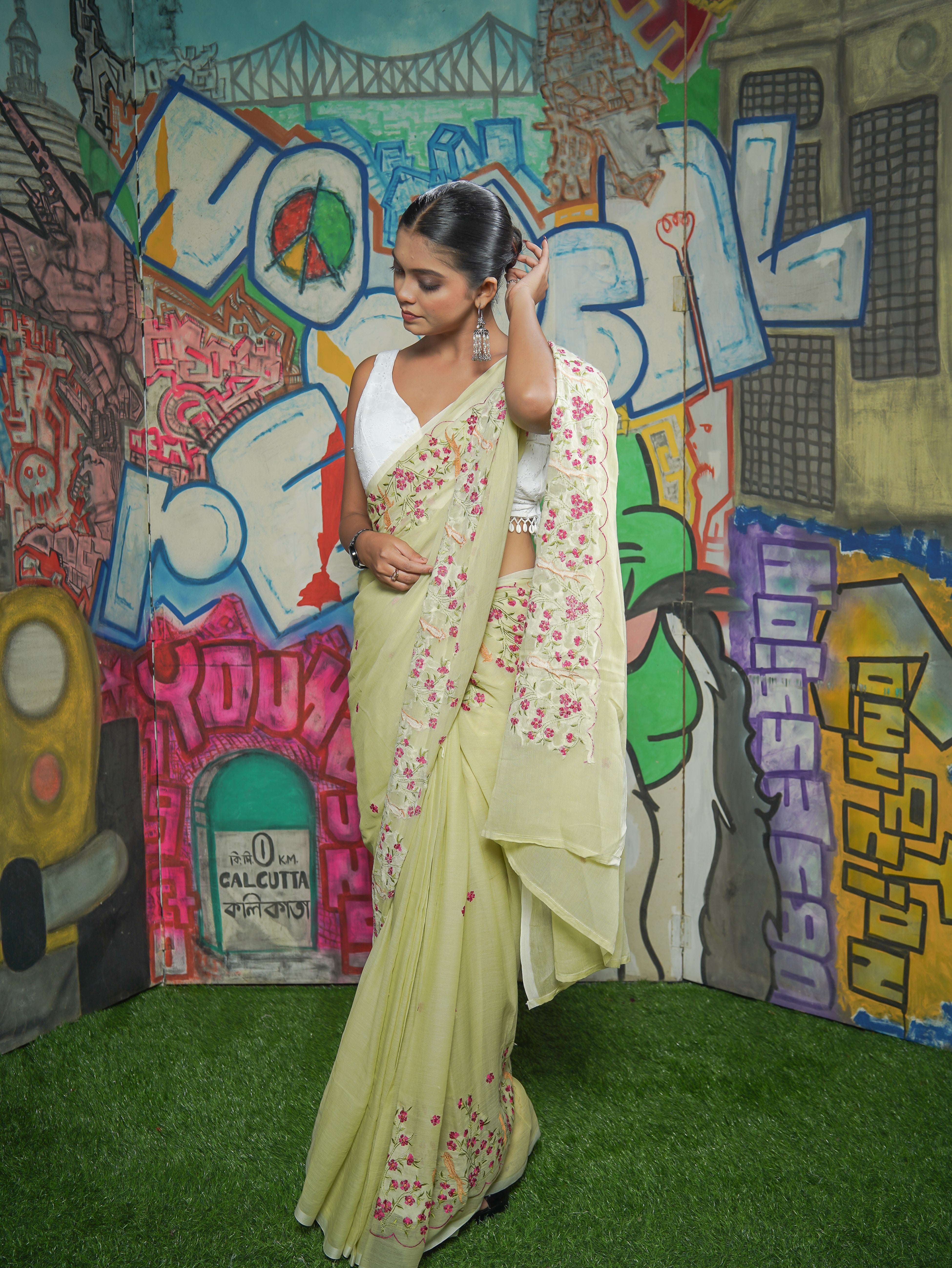 Mul Mul Cotton Embroidery Saree-Lime Green