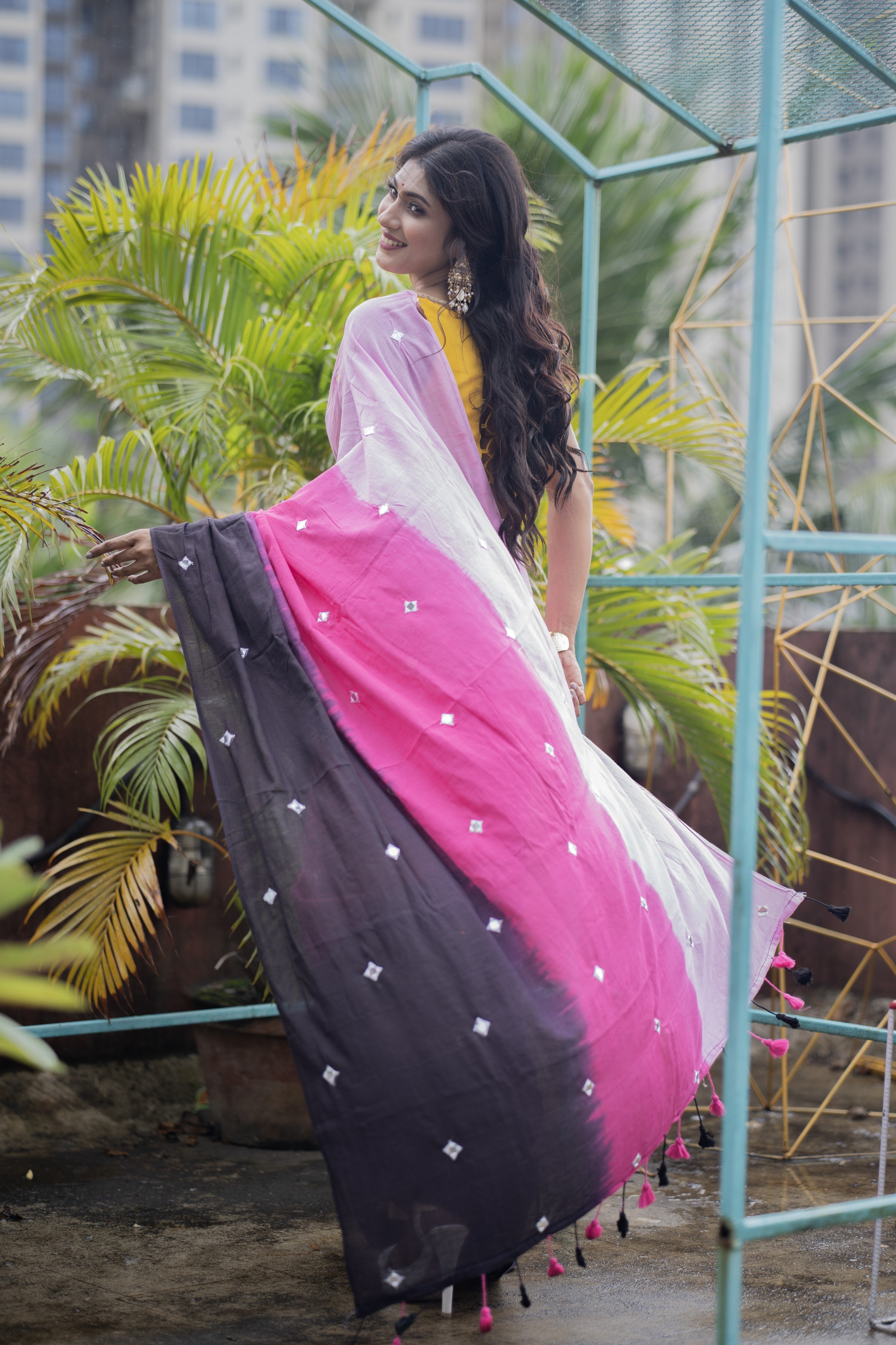 Multicolor pure Mul Mul cotton sarees with mirror work