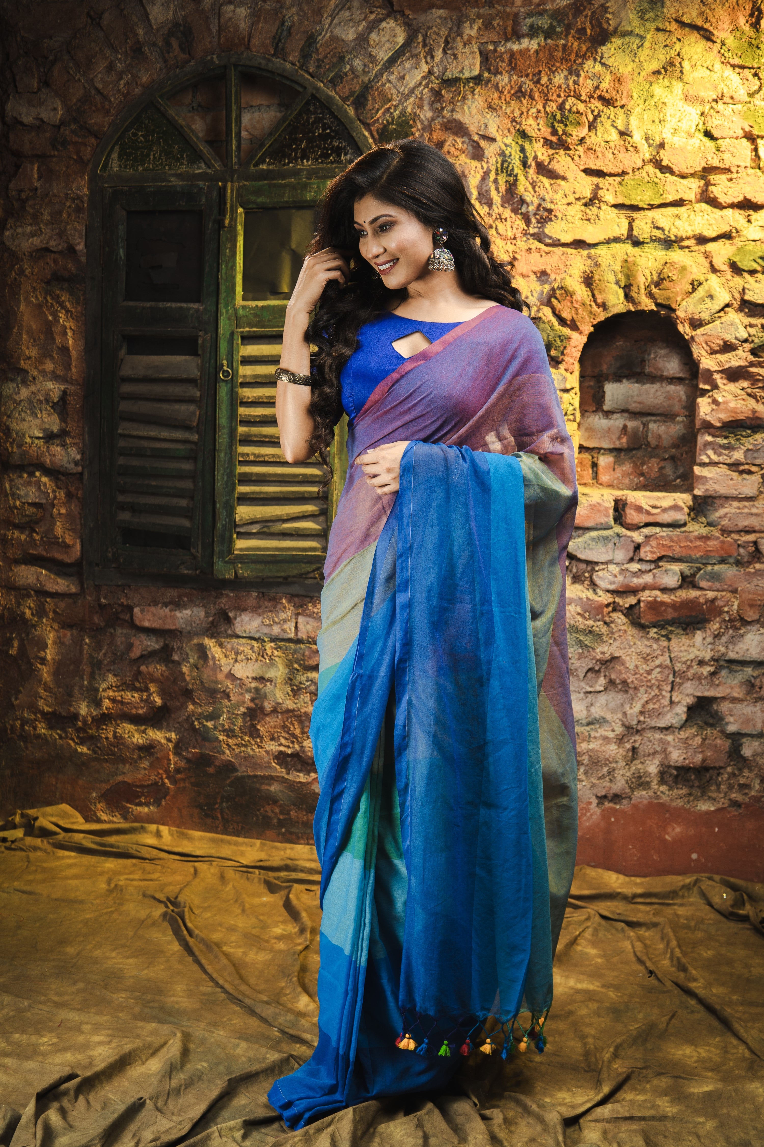 Multicolour Rainbow Mul Mul Cotton Saree- Rani and Blue