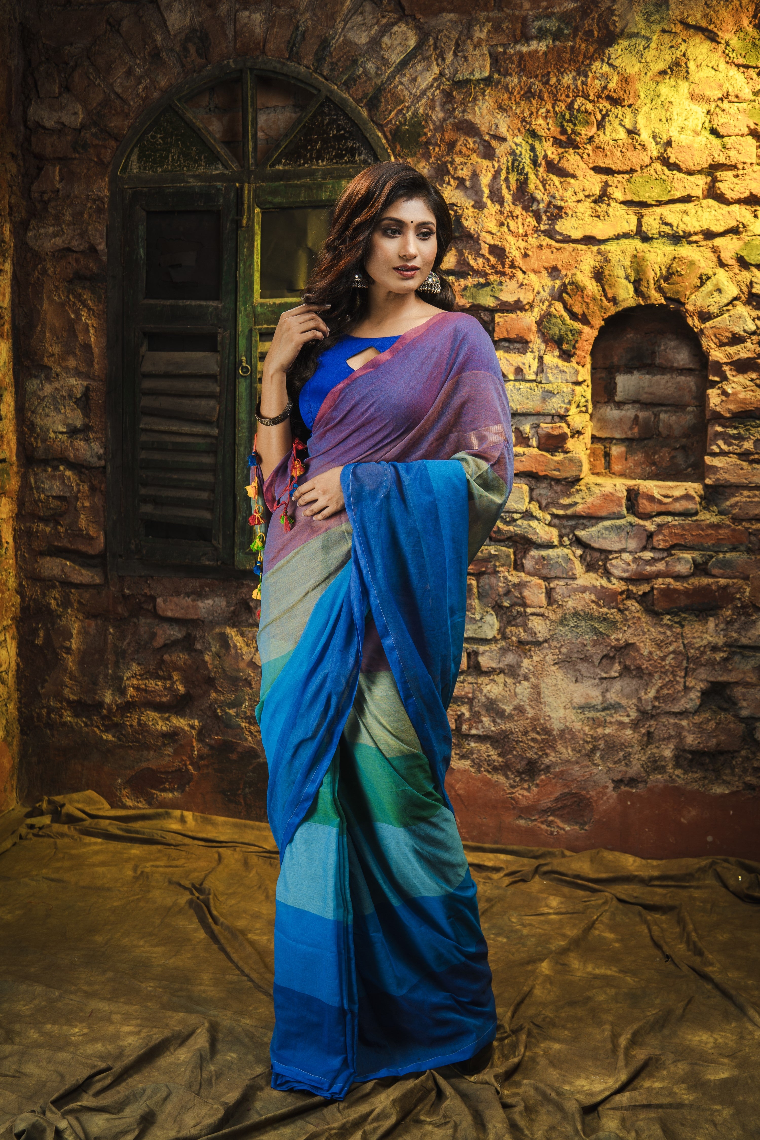 Multicolour Rainbow Mul Mul Cotton Saree- Rani and Blue