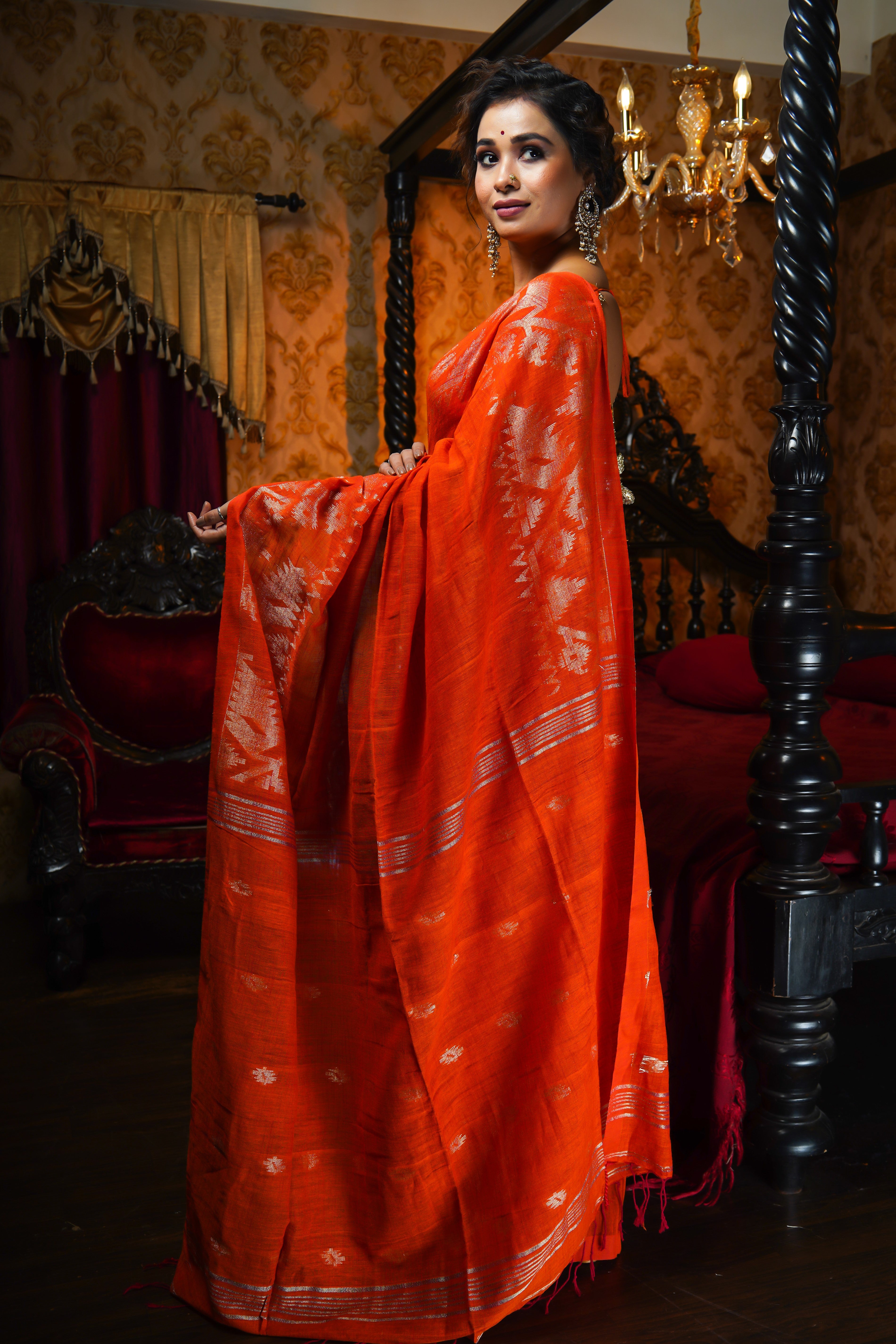 Orange Karaat Pure Linen Handwoven Saree