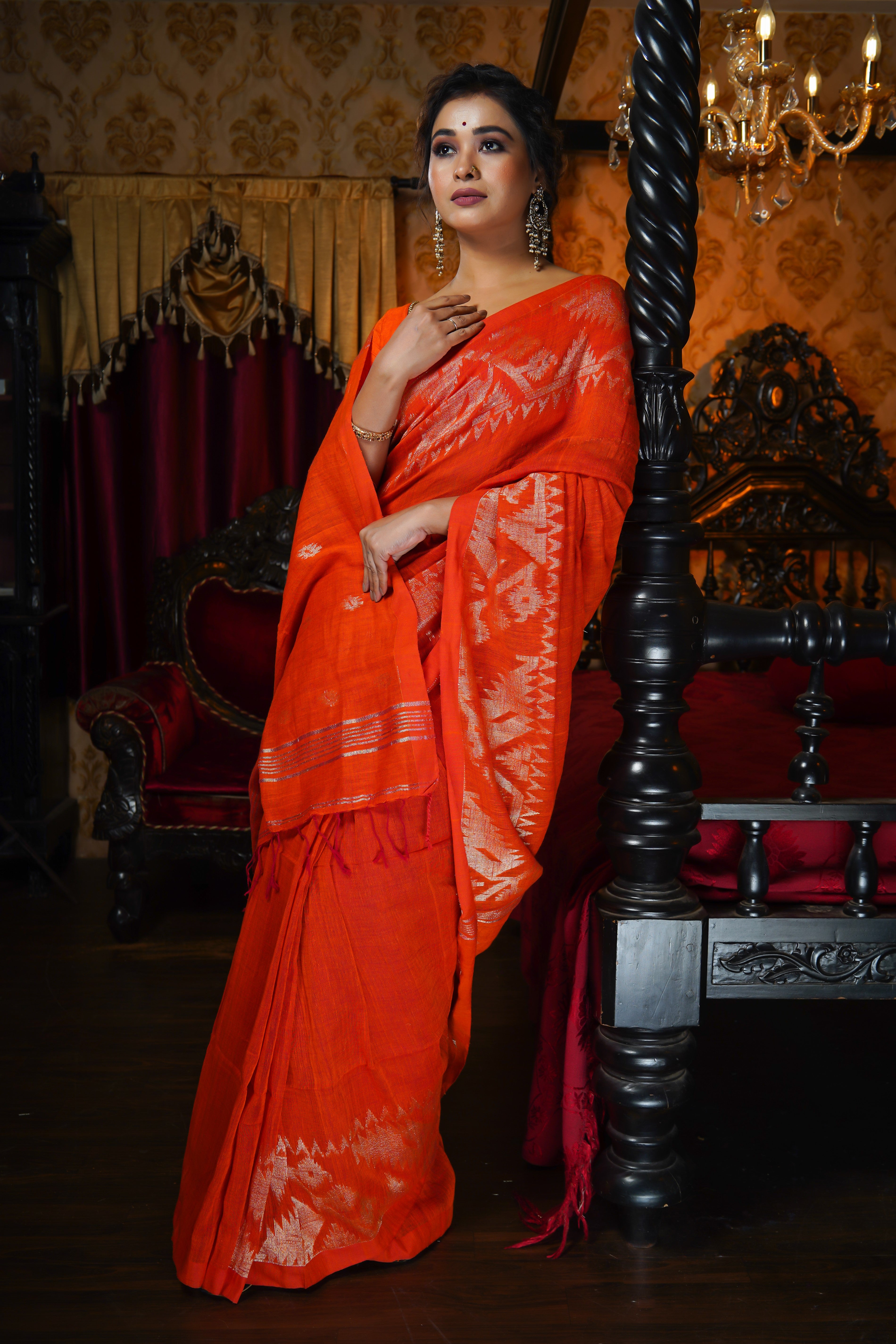 Orange Karaat Pure Linen Handwoven Saree