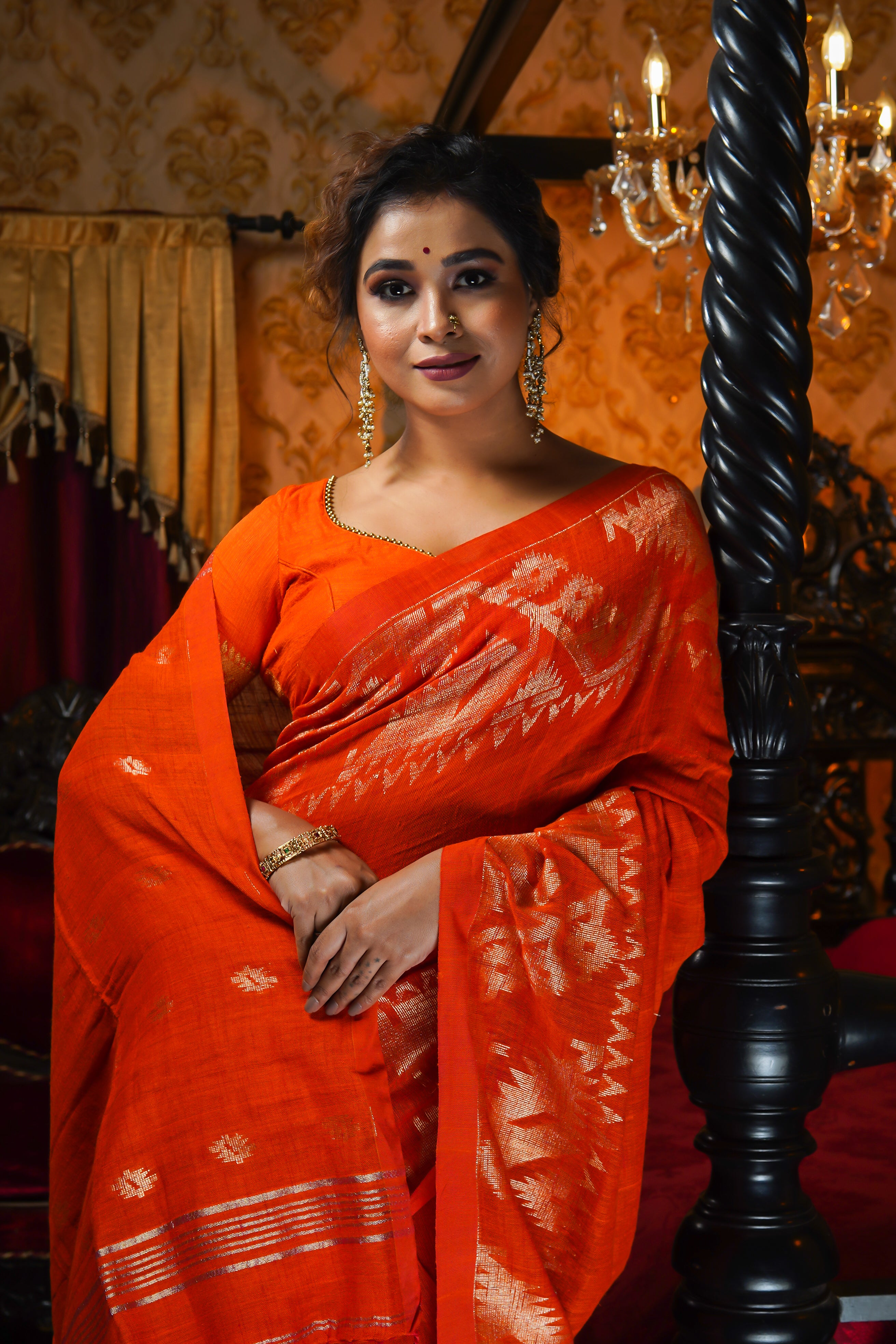 Orange Karaat Pure Linen Handwoven Saree
