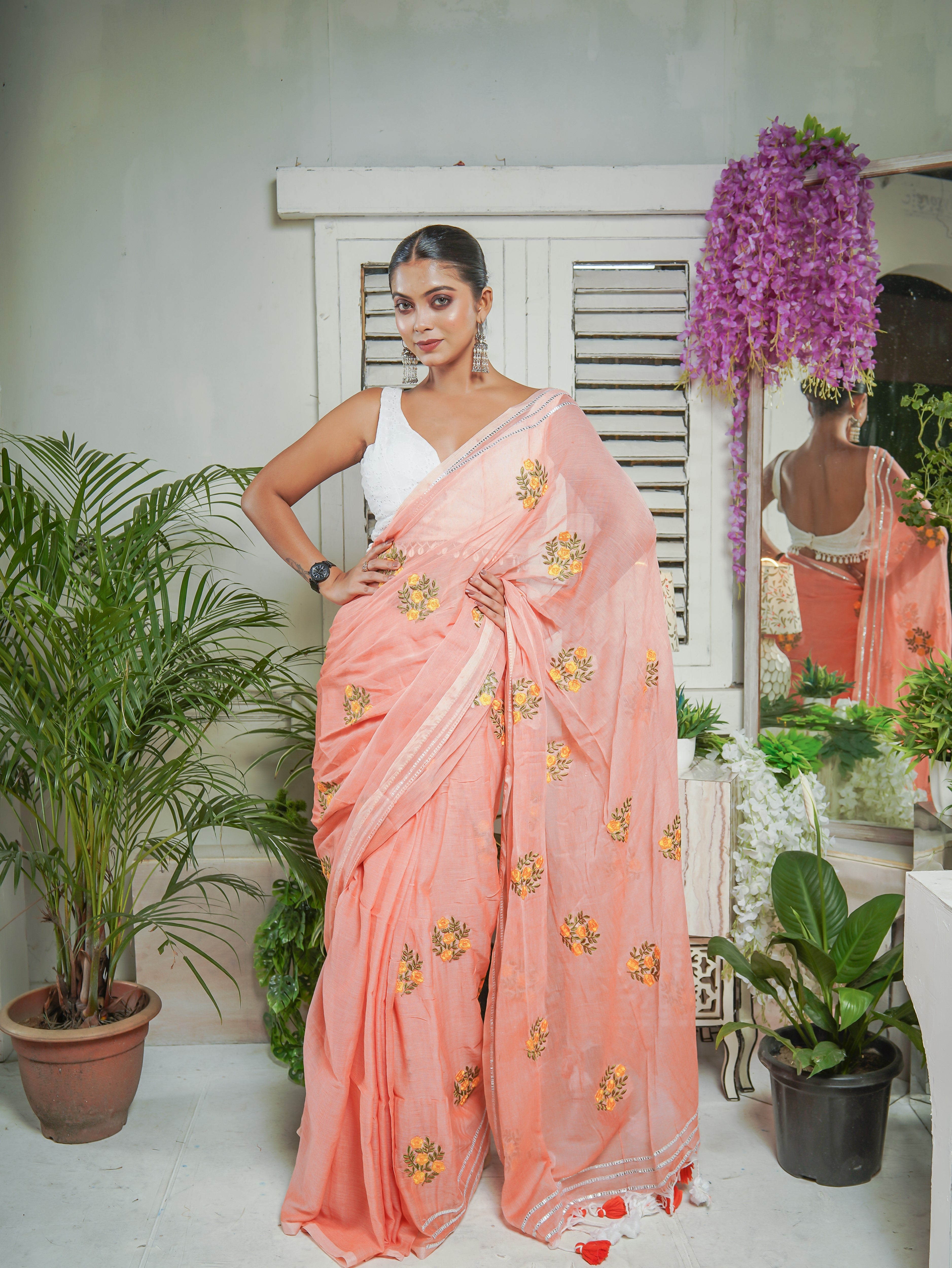 Peach Mul Mul Cotton Saree With Embroidery Work