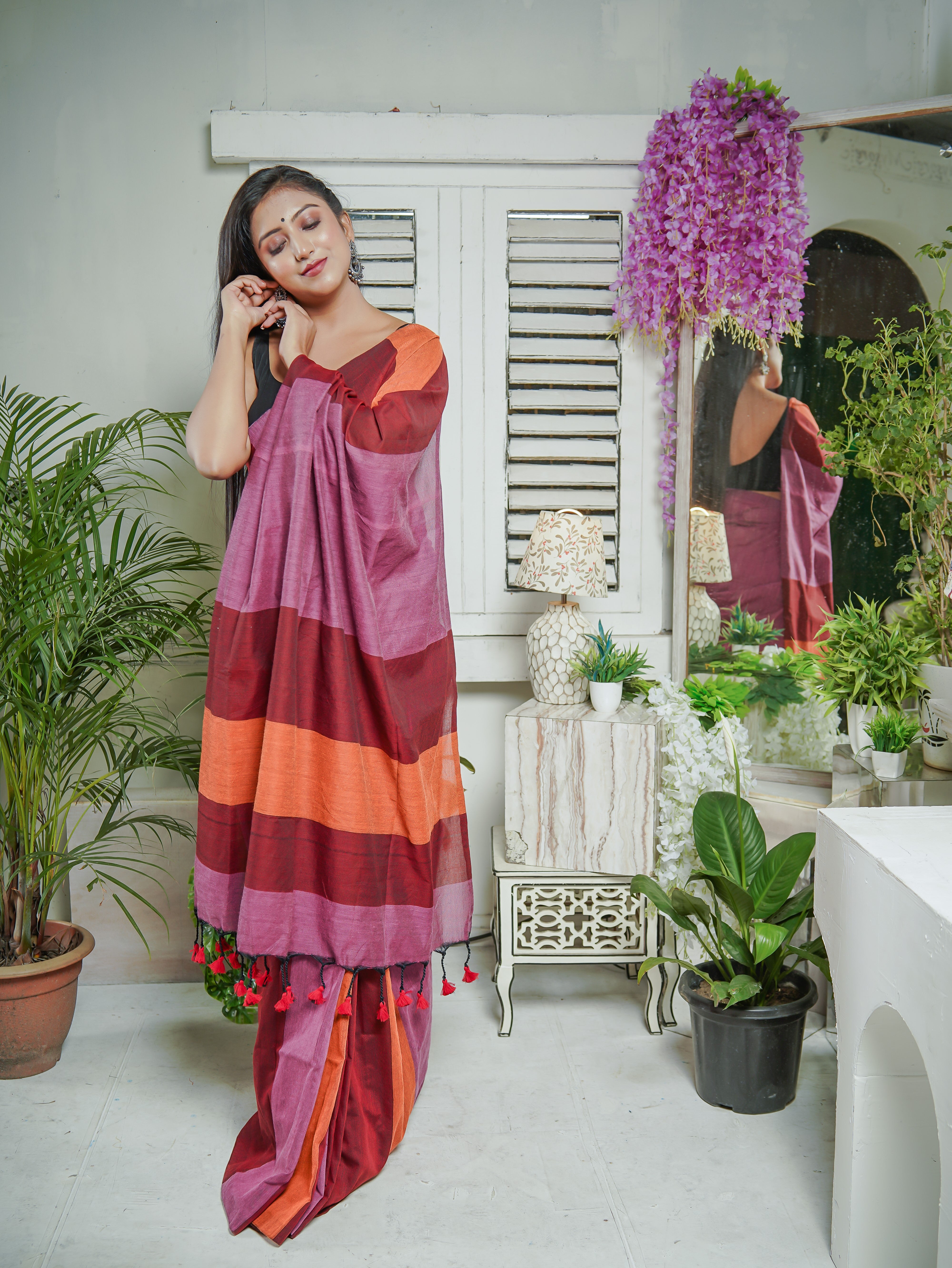 Pink & Maroon Multicoloure Check Khadi Cotton Saree