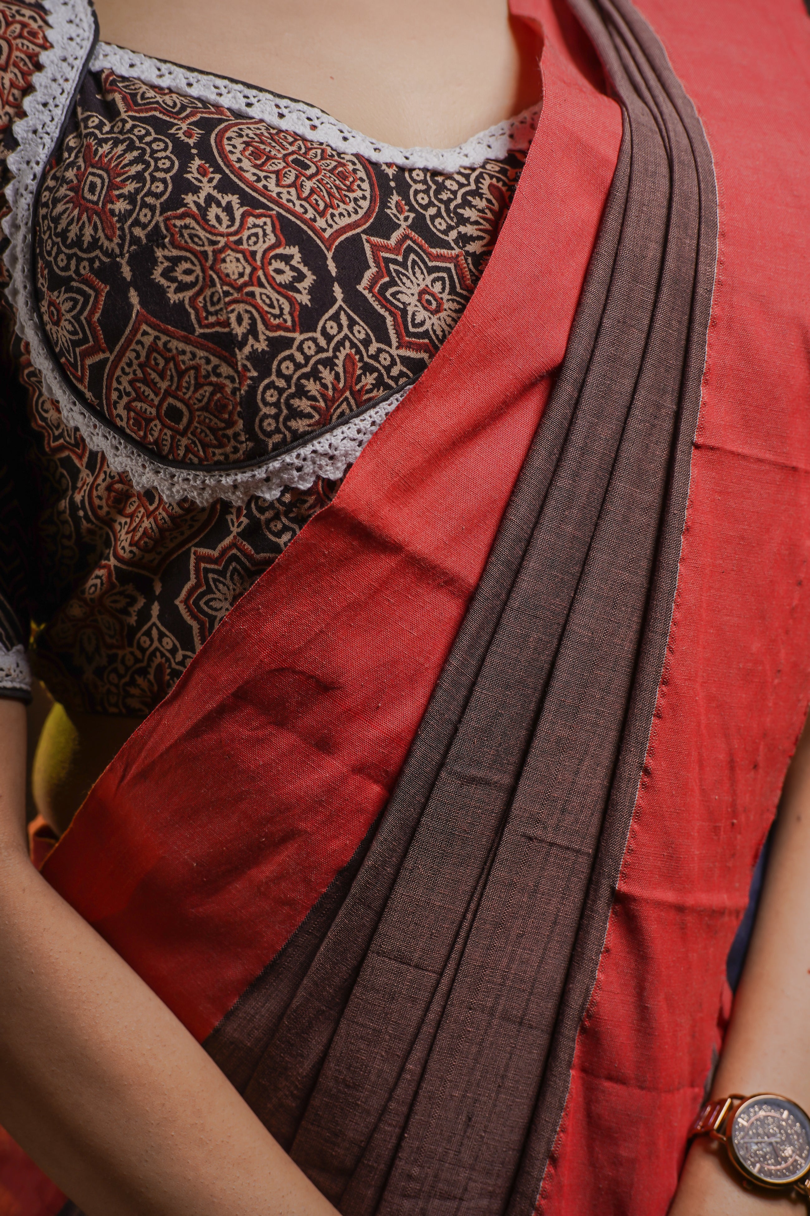 Premium Assam Khadi Cotton Handwoven Saree- Chocolate & Red