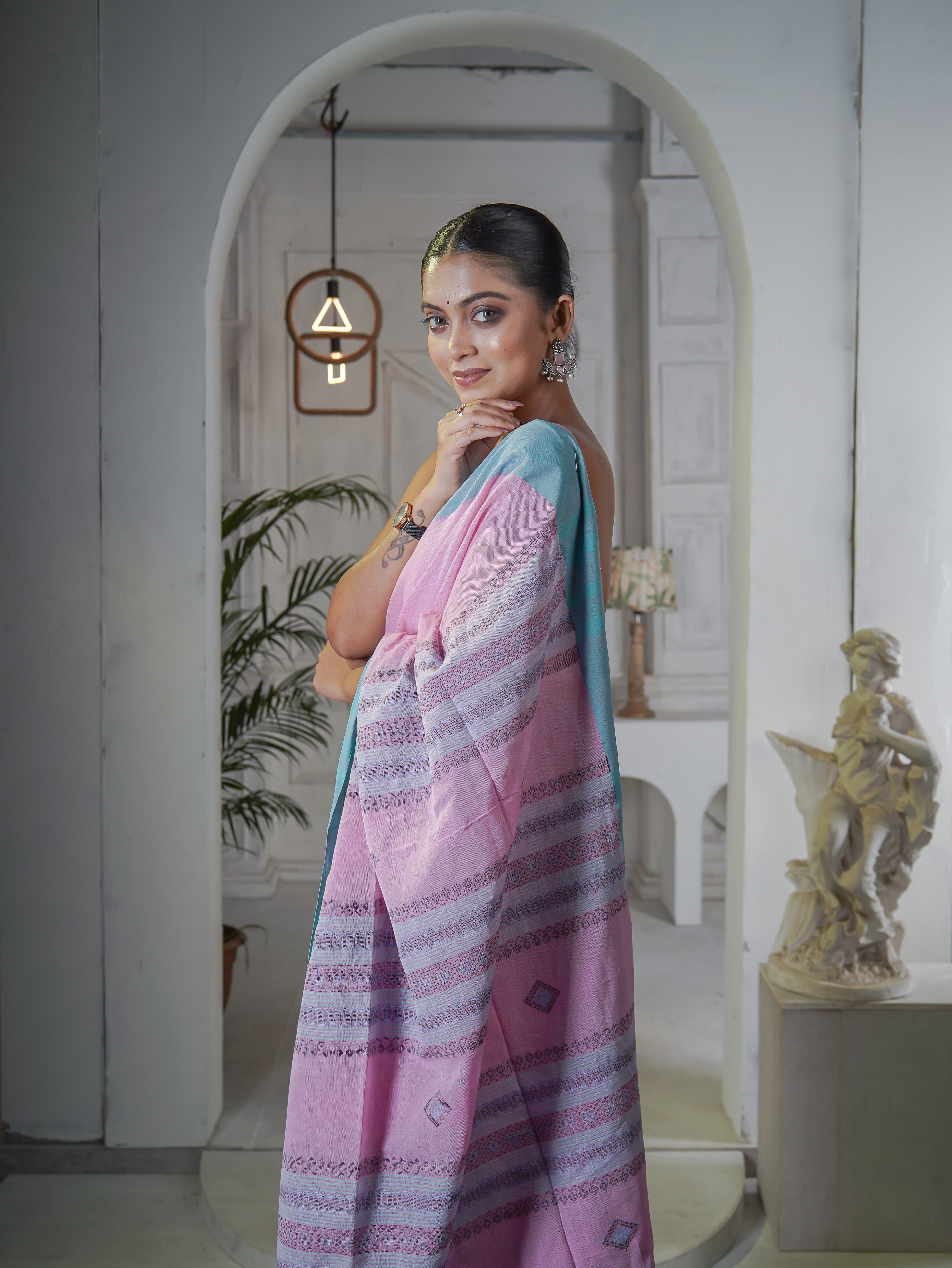 Premium Assam Khadi Cotton Handwoven Saree- Pink