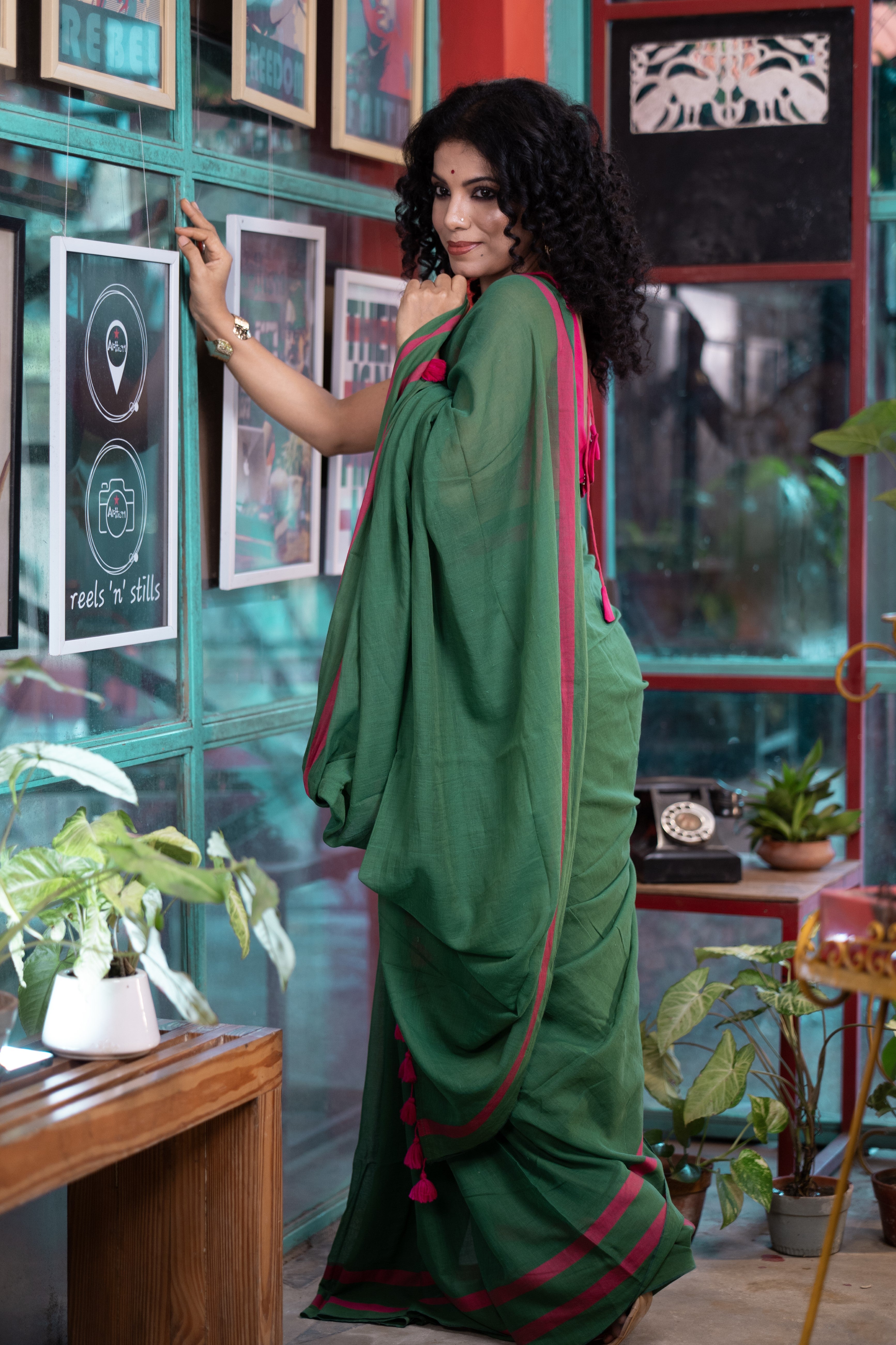Pure Mulmul Cotton Saree- Green and Rani