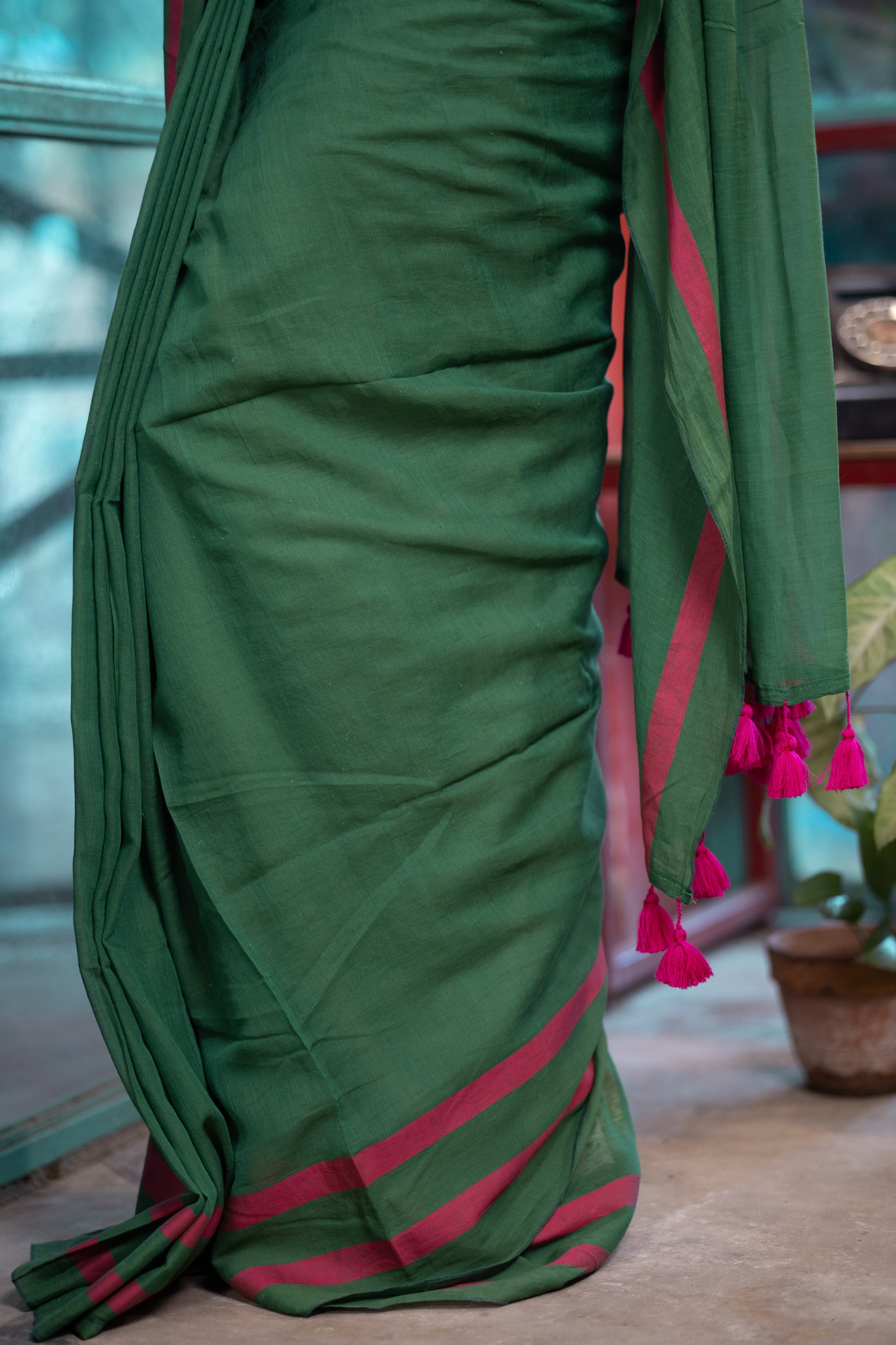Pure Mulmul Cotton Saree- Green and Rani