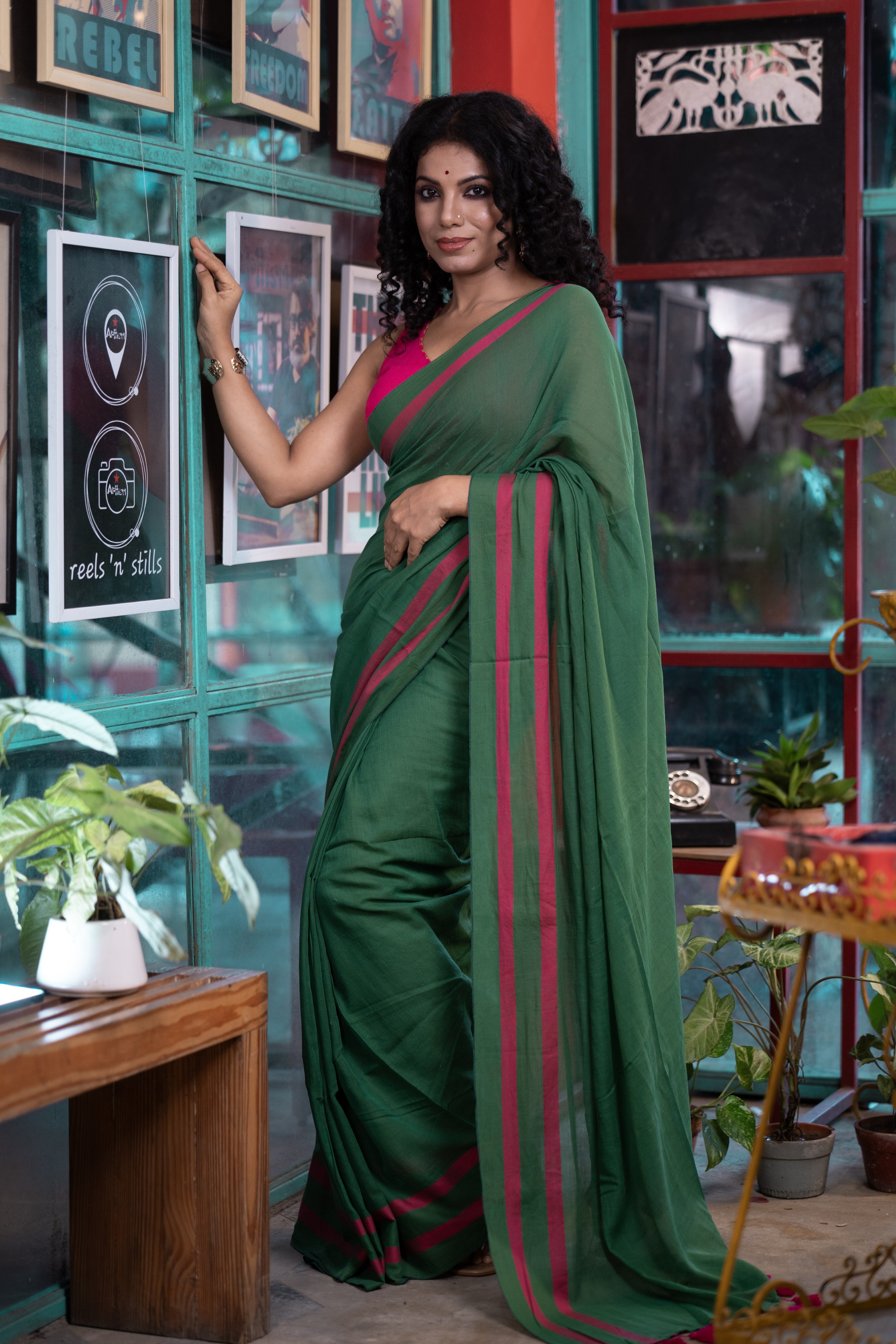 Pure Mulmul Cotton Saree- Green and Rani